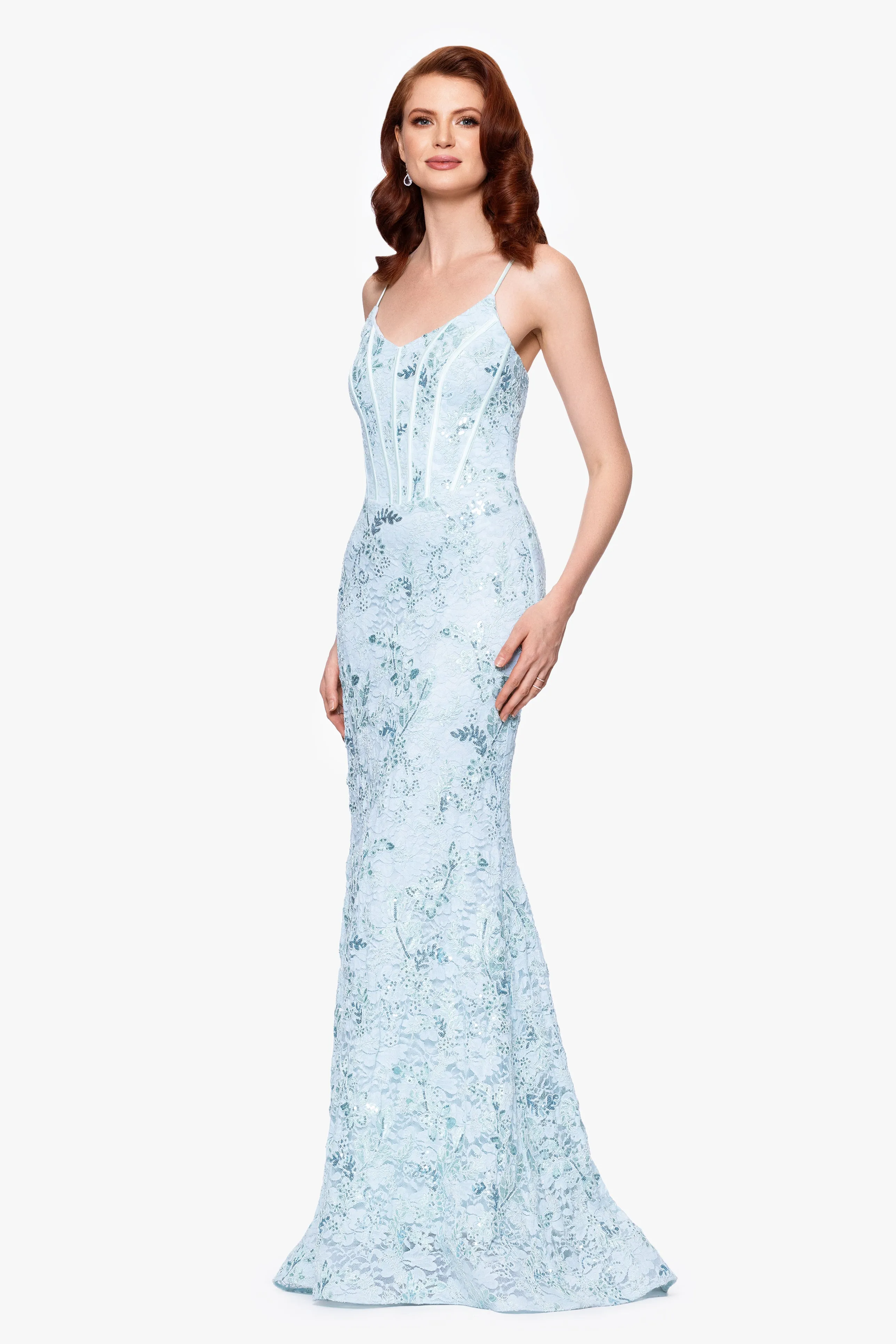 "Aveline" Sequin Lace Embellished Tieback Floor Length Gown sold by Betsy & Adam product image thumbnail 4