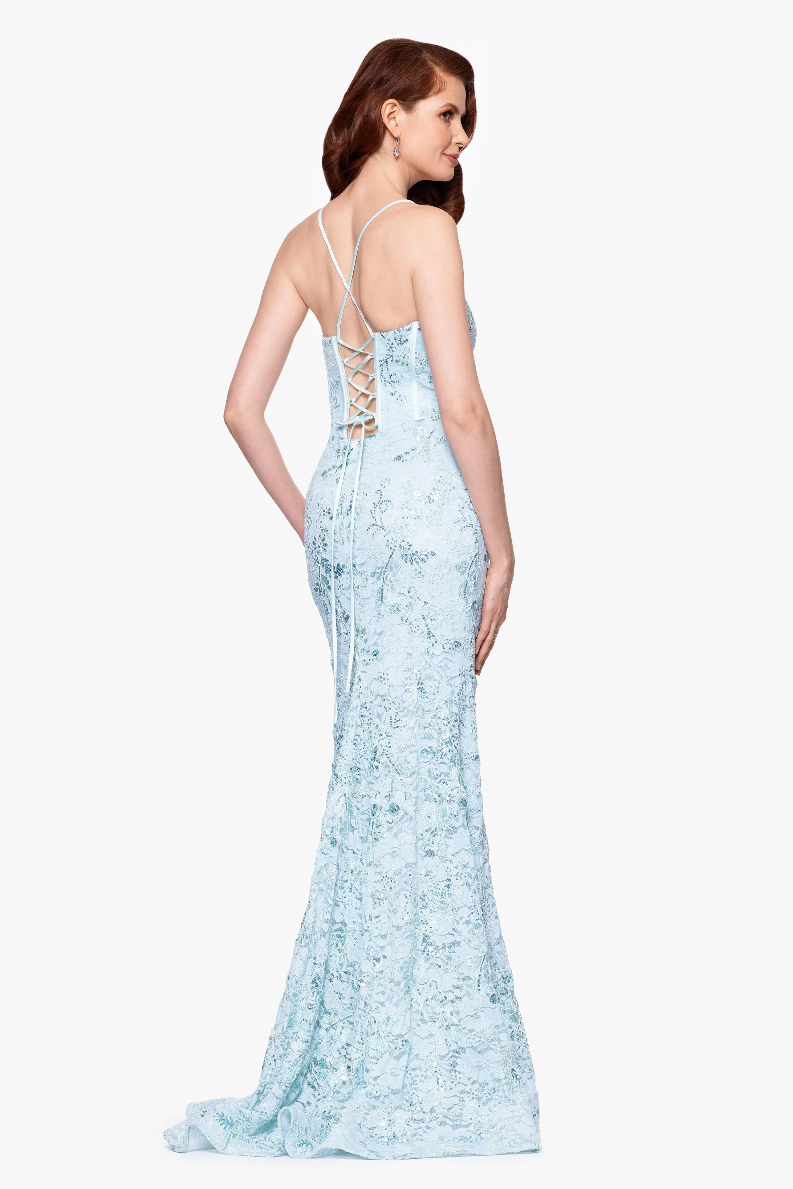 "Aveline" Sequin Lace Embellished Tieback Floor Length Gown sold by Betsy & Adam product image thumbnail 3