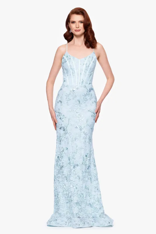 "Aveline" Sequin Lace Embellished Tieback Floor Length Gown sold by Betsy & Adam