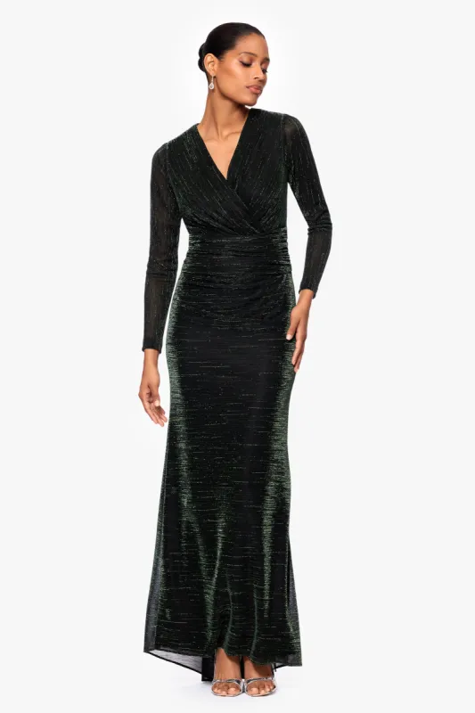 "Angie" Metallic Crinkle Long Sleeve Floor Length Dress sold by Betsy & Adam