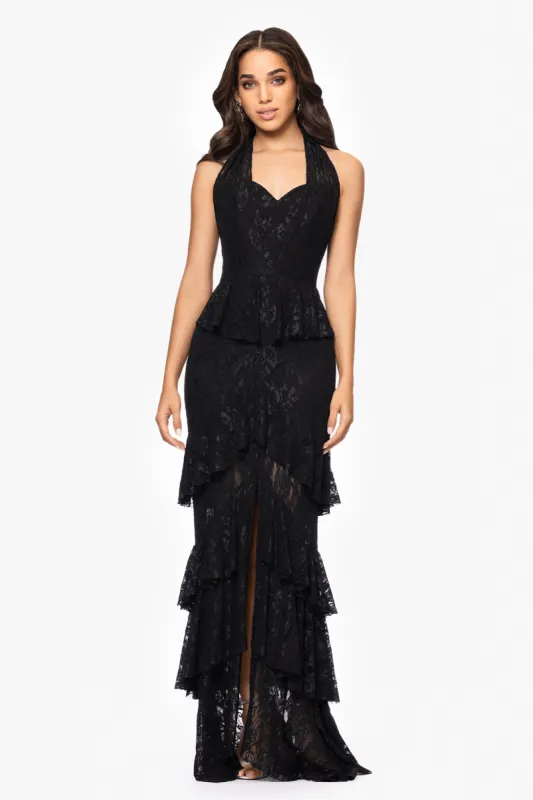 "Tilly" Lace Tiered Halter Tie Neck Floor Length Dress sold by Betsy & Adam