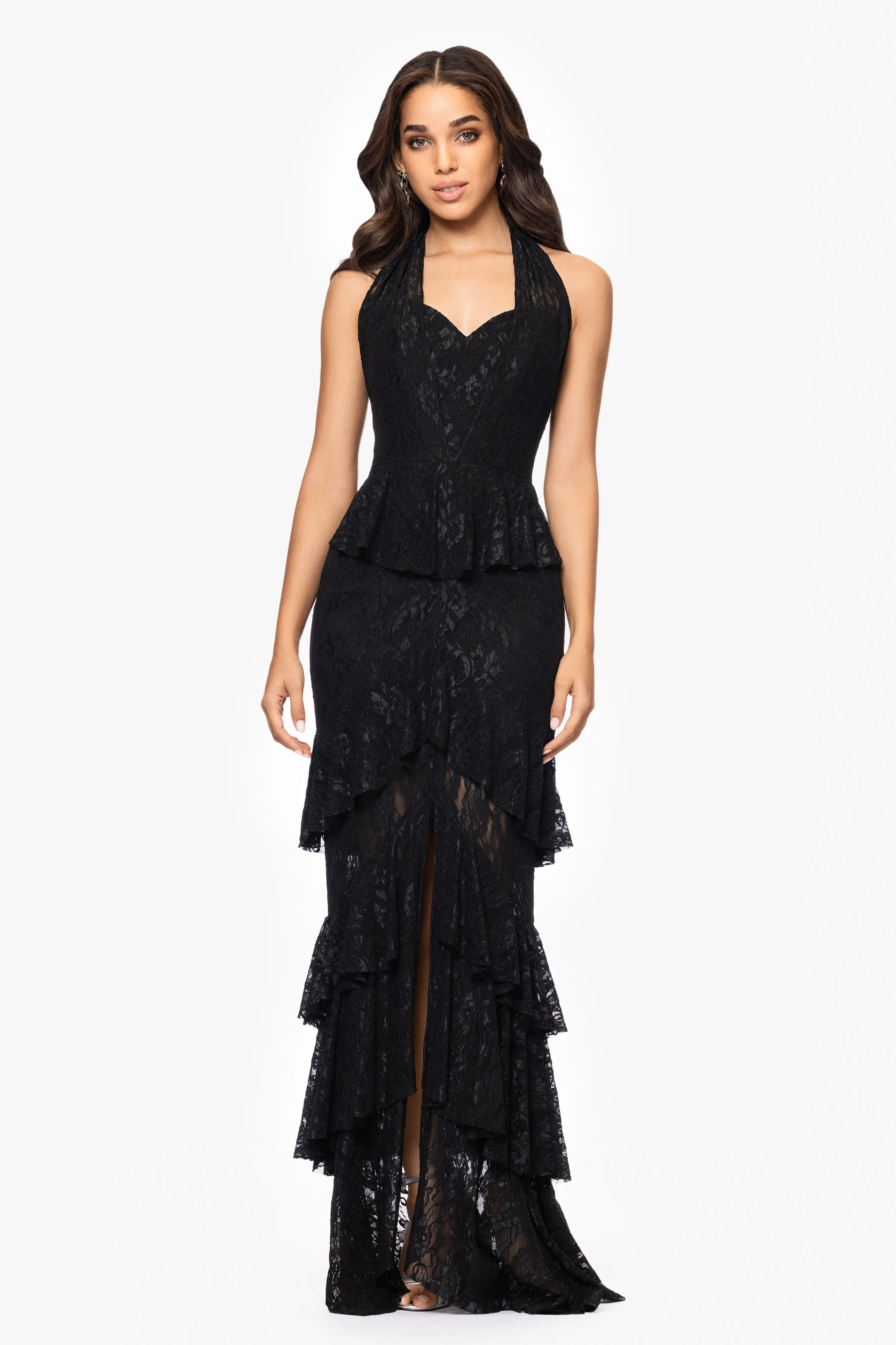 "Tilly" Lace Tiered Halter Tie Neck Floor Length Dress sold by Betsy & Adam