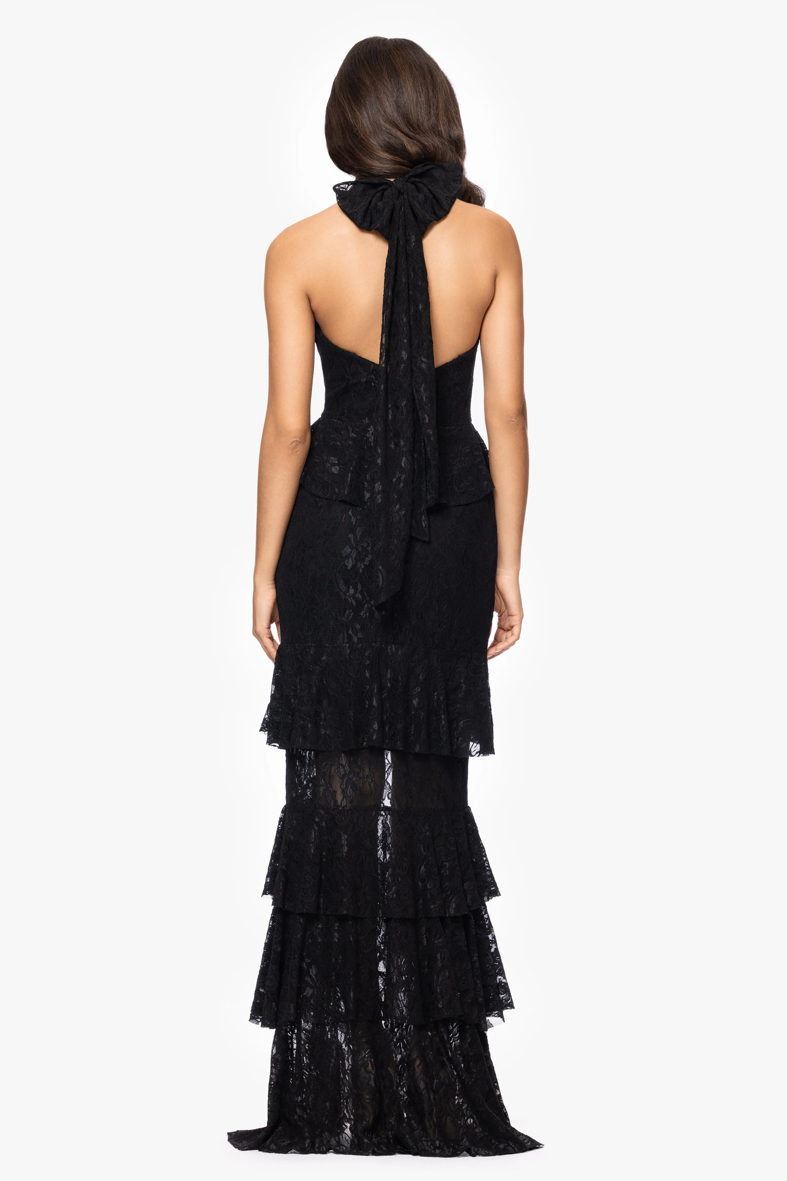 "Tilly" Lace Tiered Halter Tie Neck Floor Length Dress sold by Betsy & Adam product image thumbnail 3