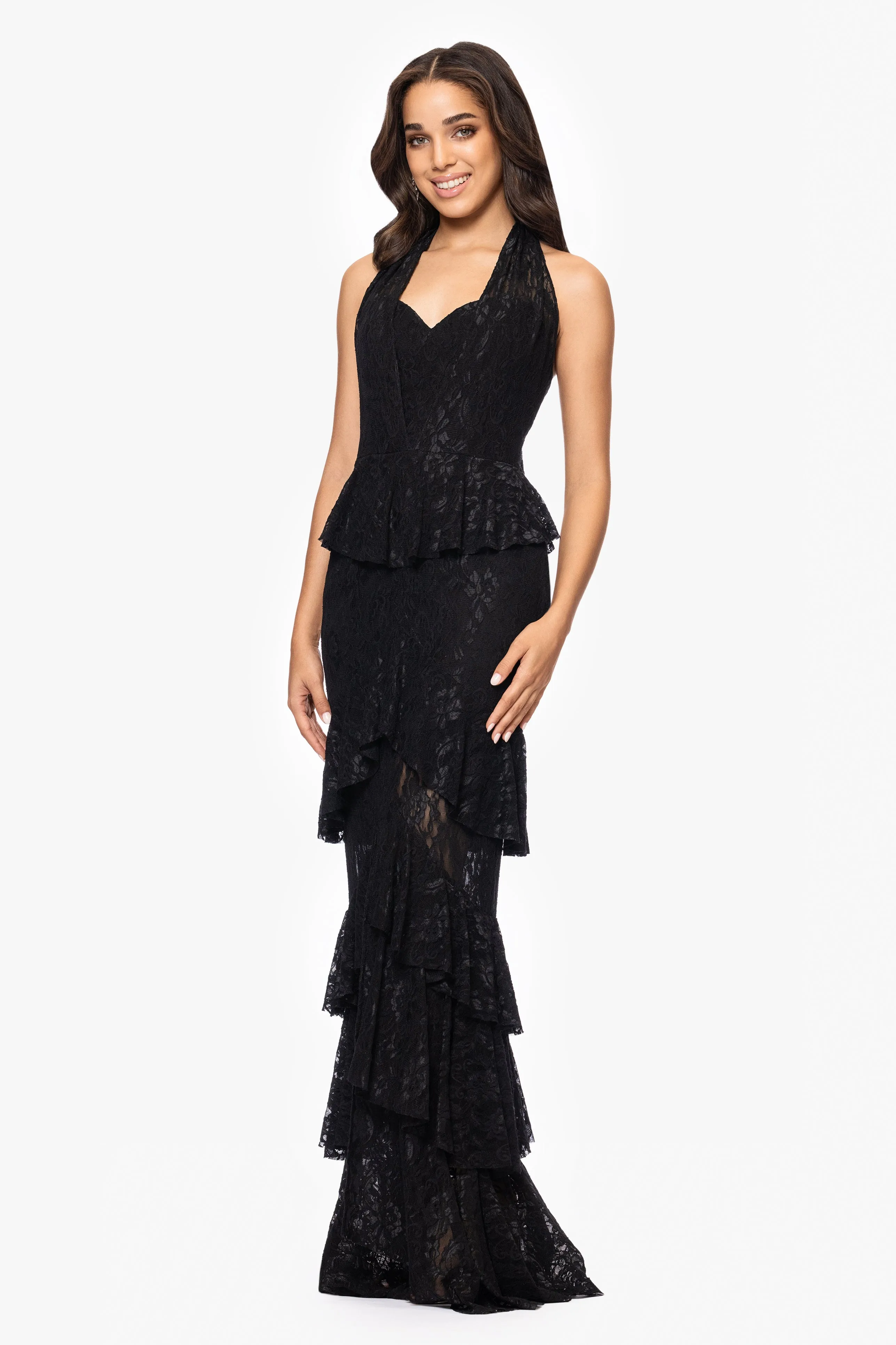 "Tilly" Lace Tiered Halter Tie Neck Floor Length Dress sold by Betsy & Adam product image thumbnail 4