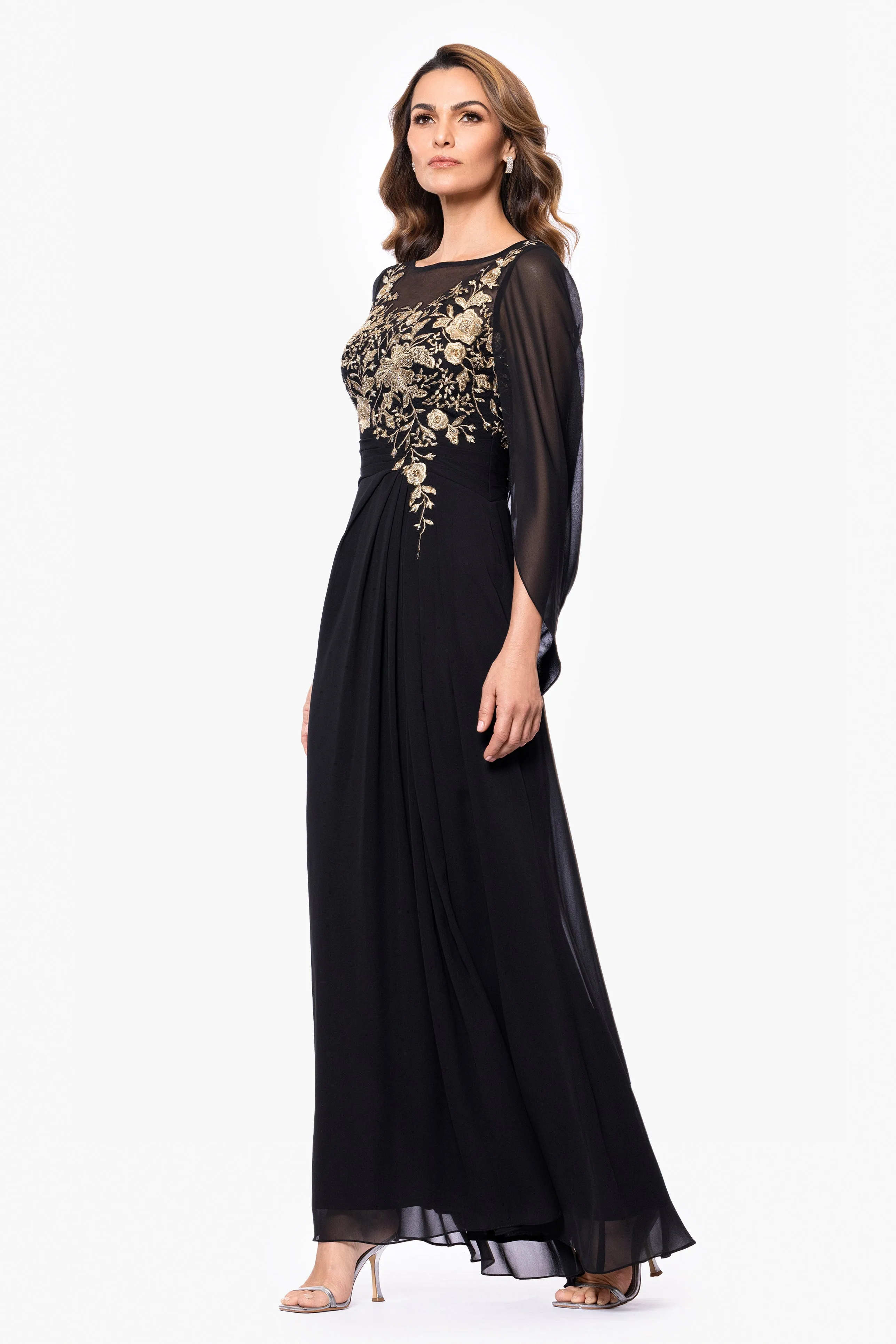 "Gloria" Long Sheer Matte Jersey Cape Back With Applique Dress sold by Betsy & Adam product image thumbnail 4