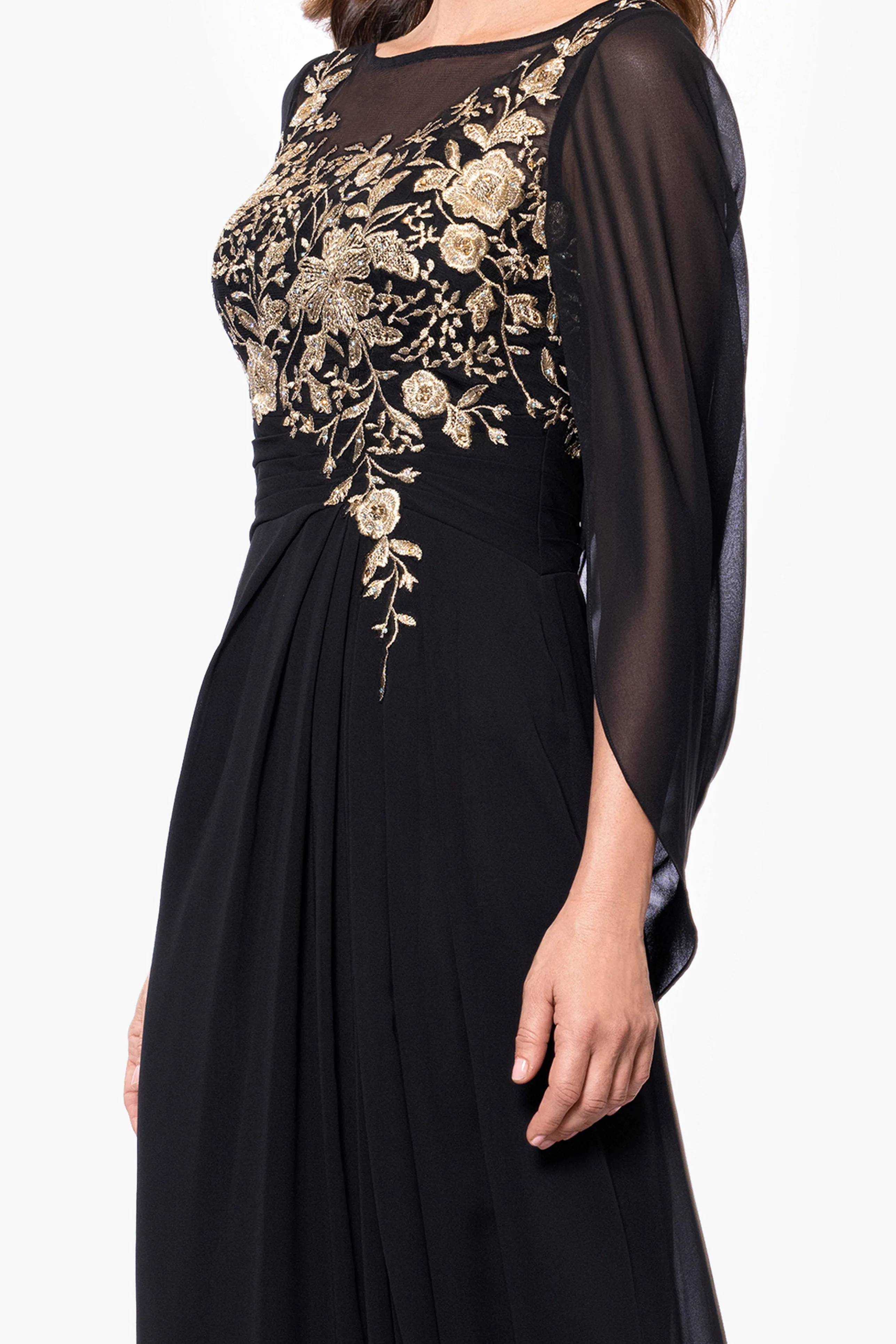 "Gloria" Long Sheer Matte Jersey Cape Back With Applique Dress sold by Betsy & Adam product image thumbnail 2