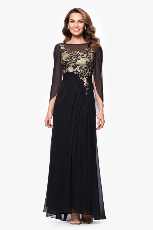 "Gloria" Long Sheer Matte Jersey Cape Back With Applique Dress sold by Betsy & Adam