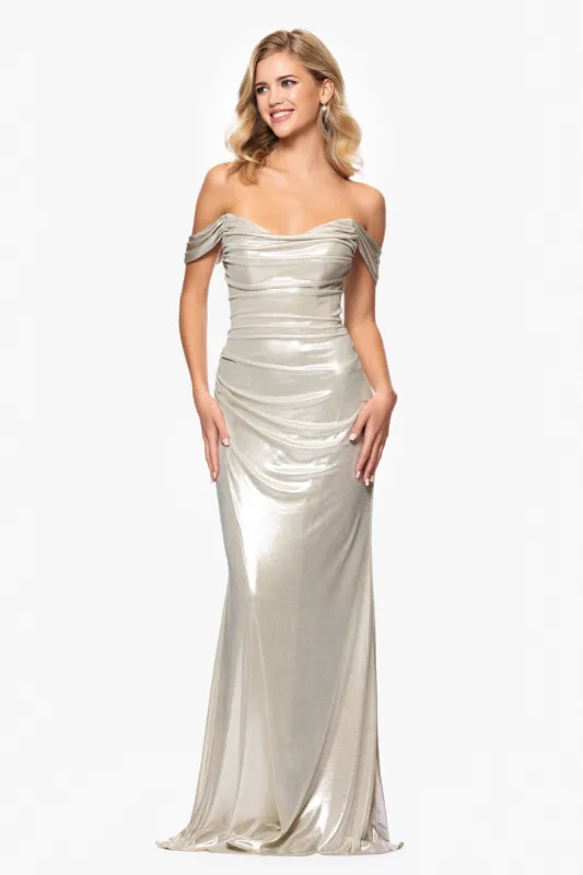 "Tori" Glitter Knit Off The Shoulder Floor Length Dress sold by Betsy & Adam