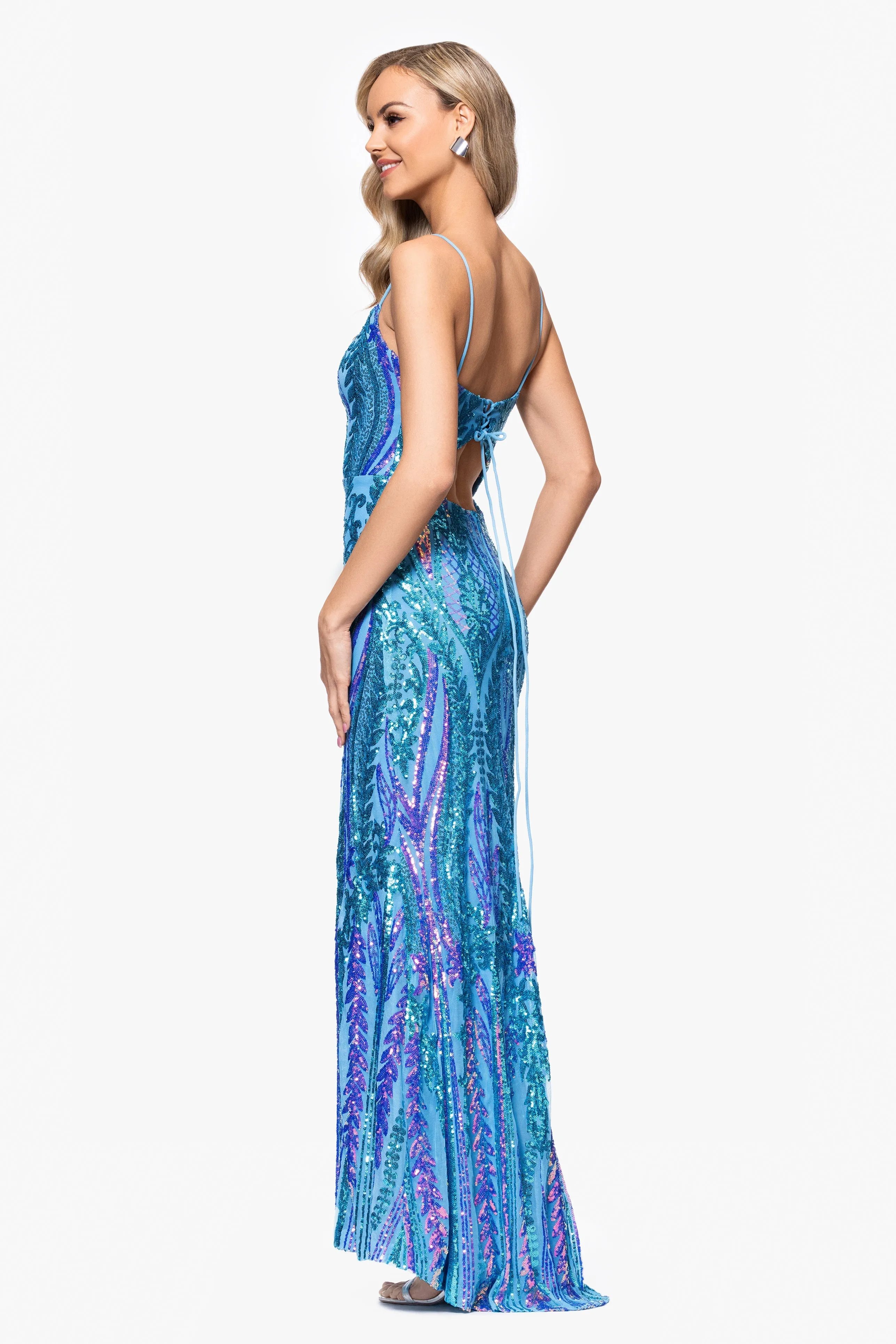 Blondie Nites "Nora" Sequin Scoop Neck Tieback Floor Length Dress sold by Betsy & Adam product image thumbnail 3