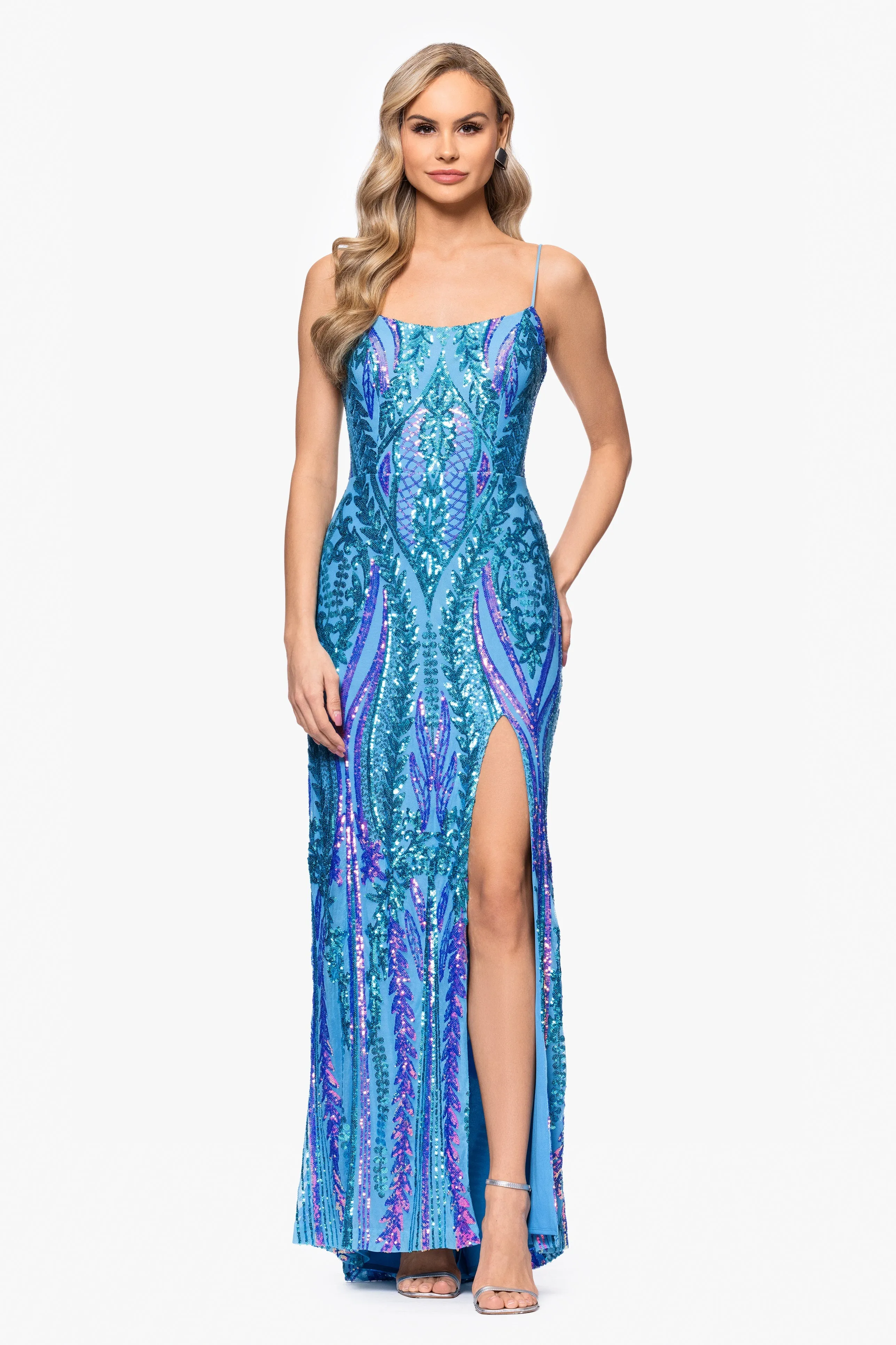 Blondie Nites "Nora" Sequin Scoop Neck Tieback Floor Length Dress sold by Betsy & Adam