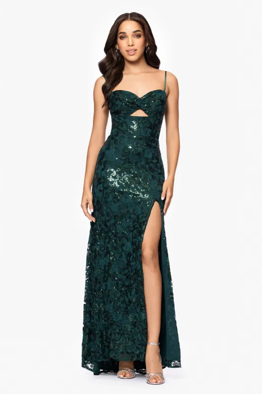 Blondie Nites "Judy" Sequin Lace Keyhole Floor Length Dress sold by Betsy & Adam