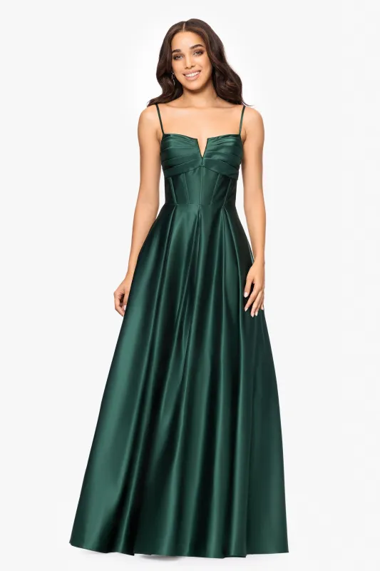 Blondie Nites "Kaylin" Satin Spaghetti Strap V-Neck Floor Length Dress sold by Betsy & Adam