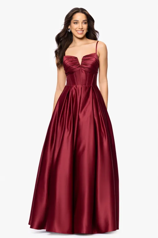 Blondie Nites "Kaylin" Satin Spaghetti Strap V-Neck Floor Length Dress sold by Betsy & Adam