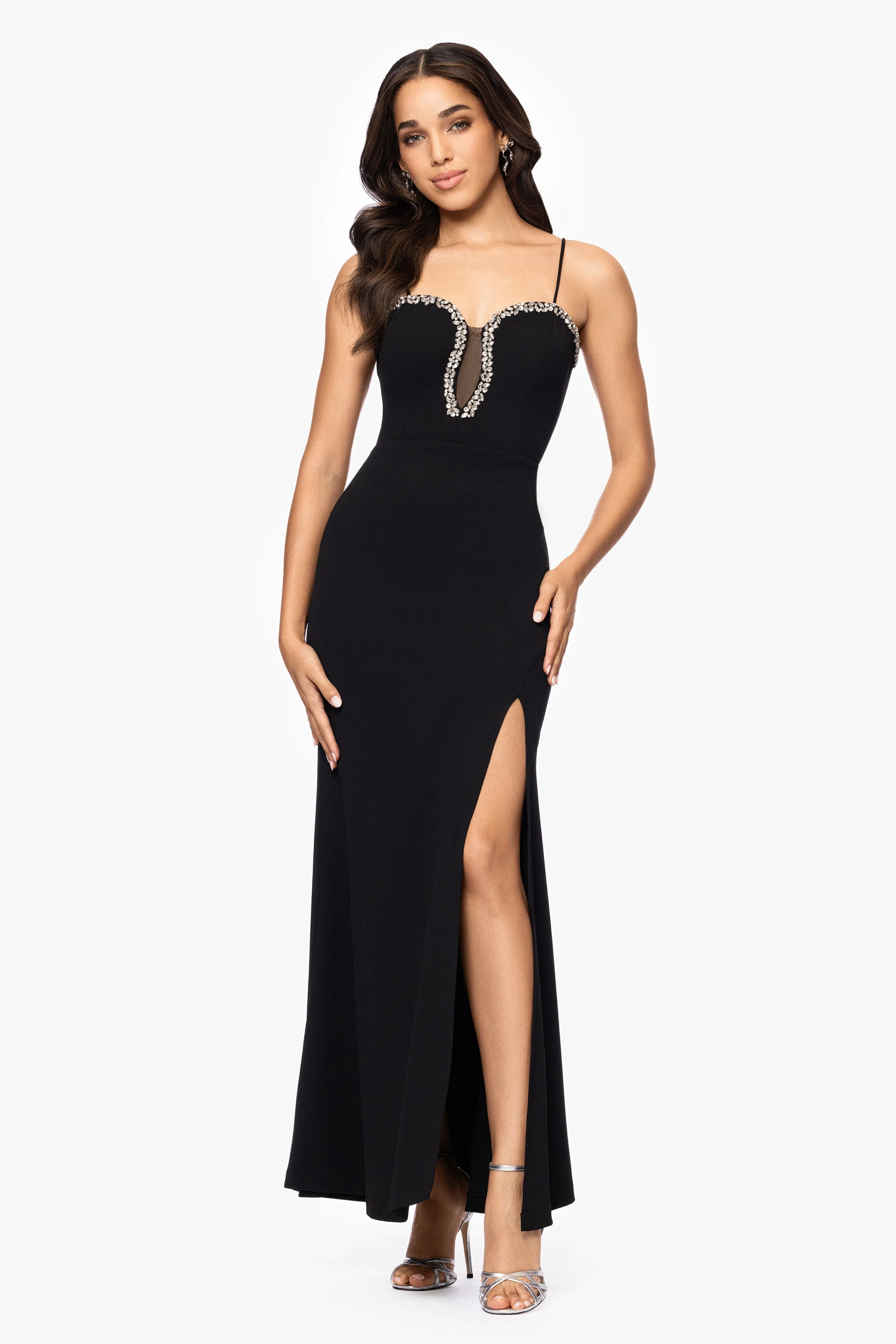 Blondie Nites "Eliza" Scuba Stoned Spaghetti Strap Floor Length Dress sold by Betsy & Adam