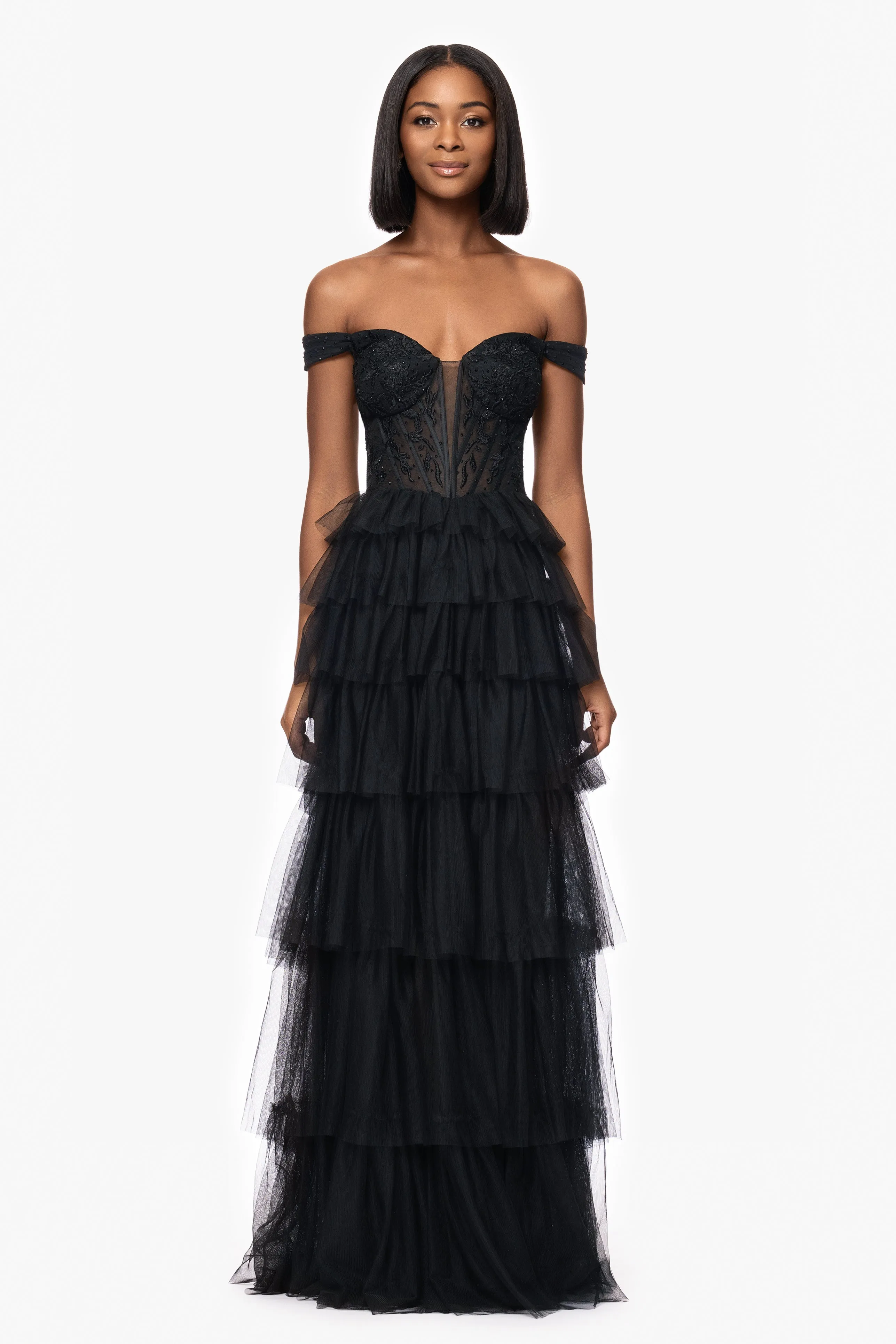 Blondie Nites "Charlotte" Long Mesh Off the Shoulder Applique and Ruffle Skirt Dress sold by Betsy & Adam