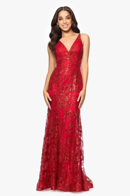 Blondie Nites "Zoey" Glitter V-Neck Floor Length Dress sold by Betsy & Adam