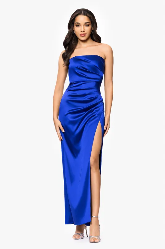 Blondie Nites "Molly" Satin Strapless Leg Slit Floor Length Dress sold by Betsy & Adam