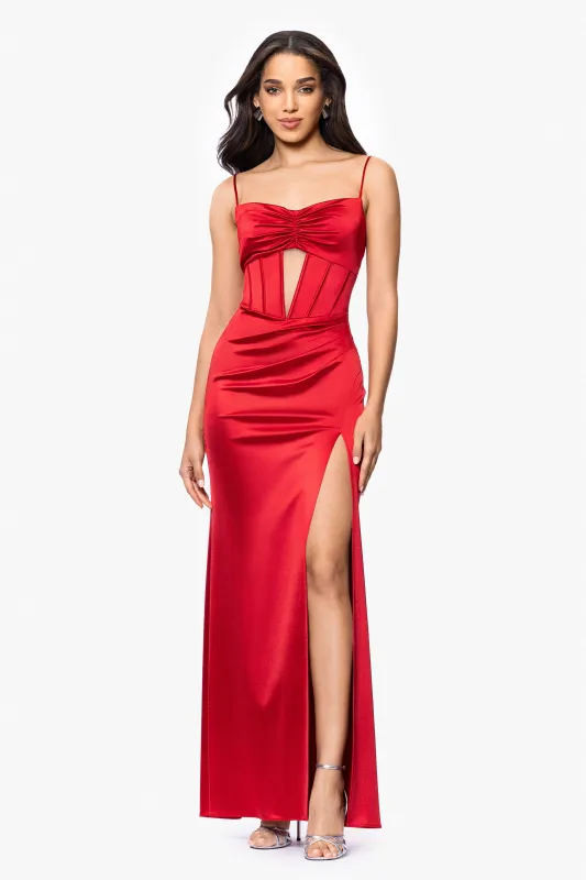 Blondie Nites "Jane" Long Satin Cutout Corset Dress sold by Betsy & Adam