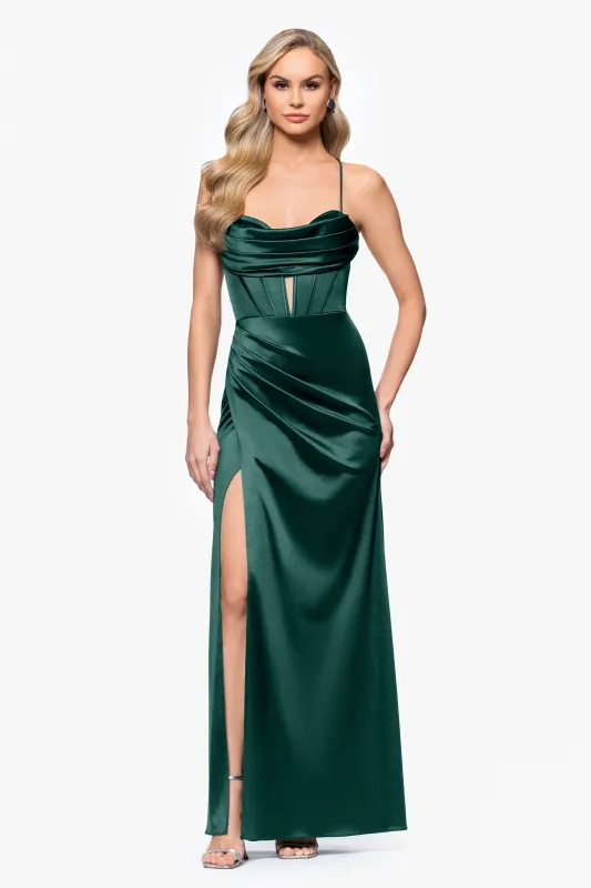 Blondie Nites "Camille" Satin Draped Corset Floor Length Dress sold by Betsy & Adam
