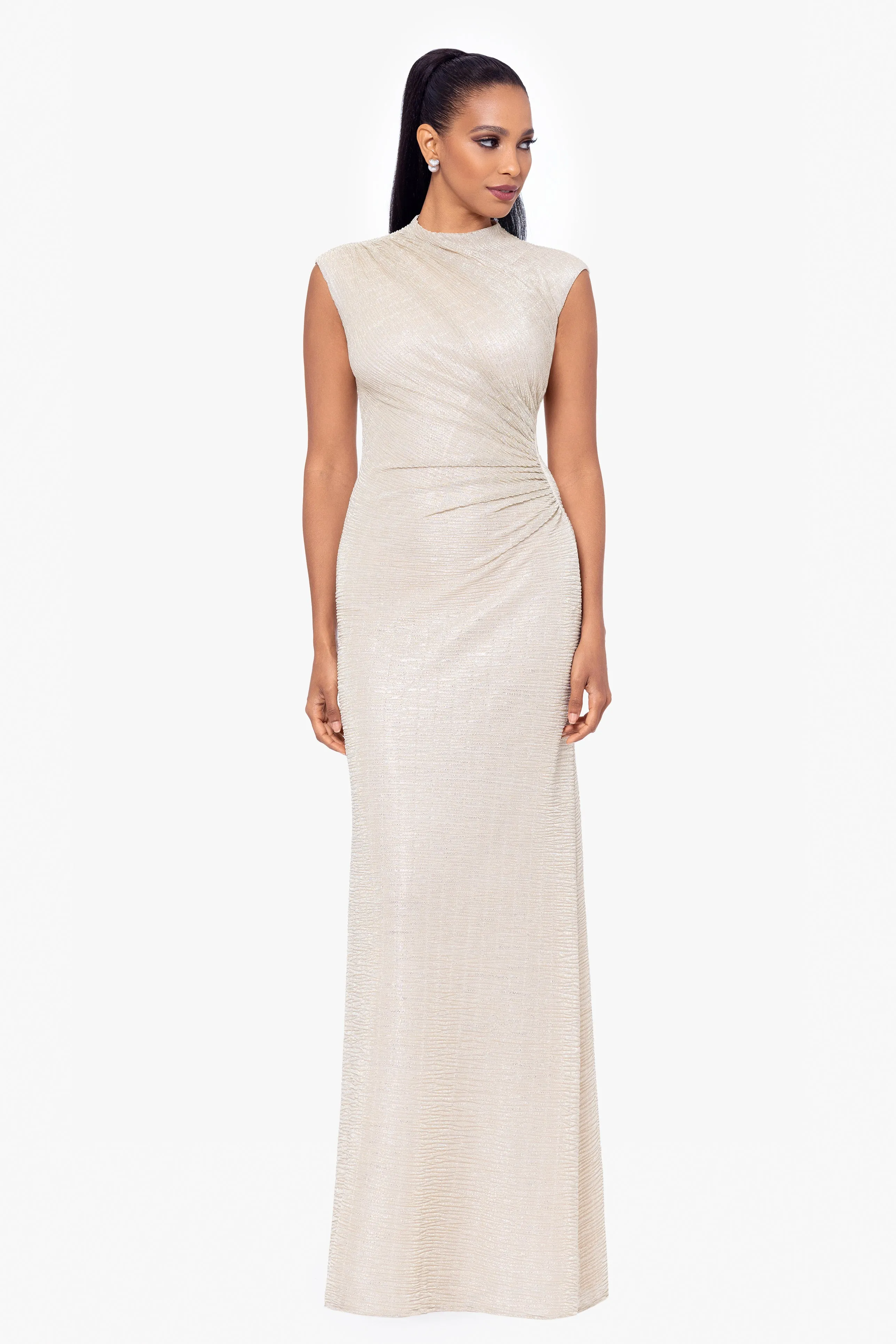 Petite "Bethany" Crinkle Metallic Rouched Floor Length Dress sold by Betsy & Adam