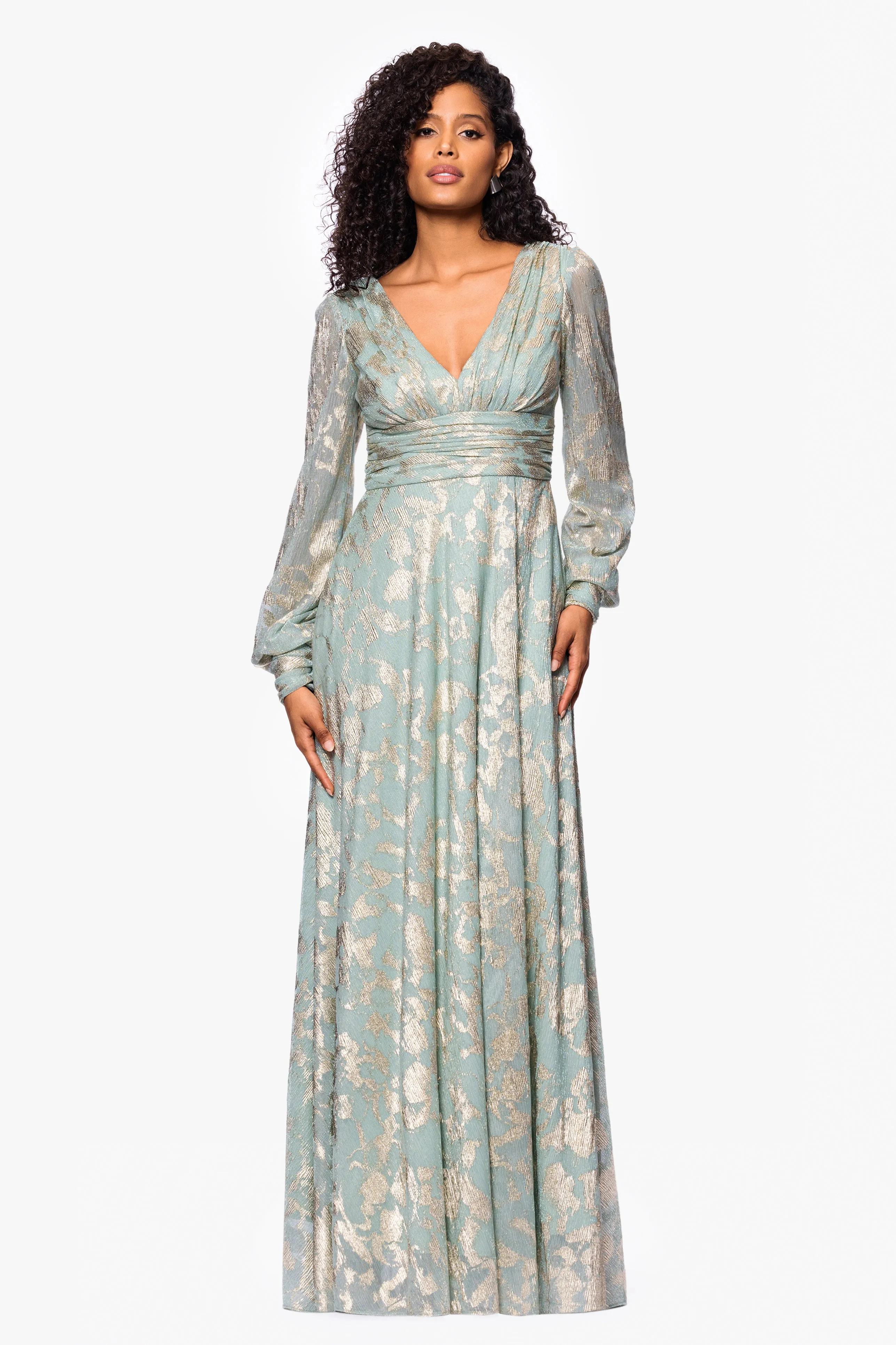 "Melanie" Foil Knit V-Neck Long Sleeve Floor Length Dress sold by Betsy & Adam