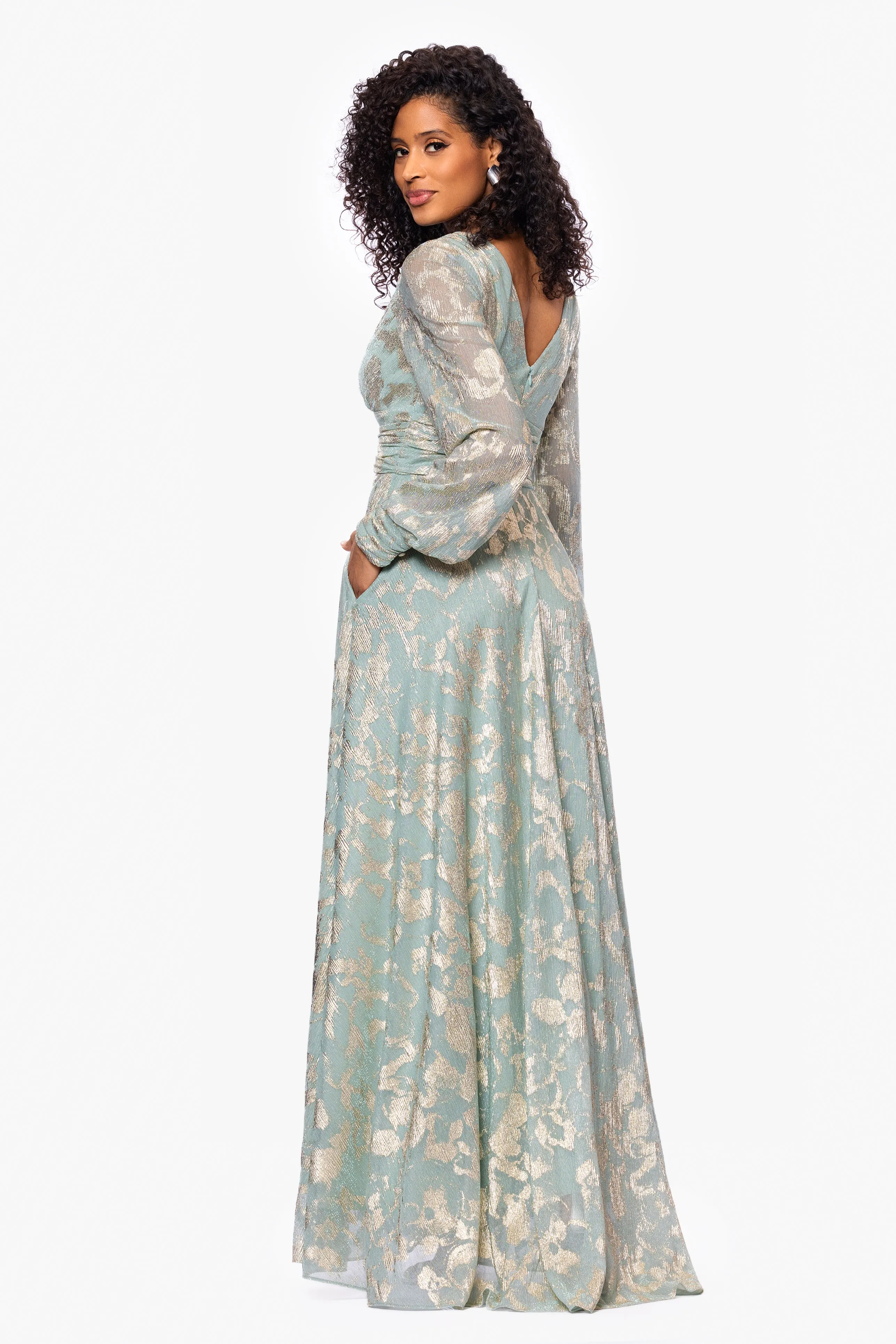 "Melanie" Foil Knit V-Neck Long Sleeve Floor Length Dress sold by Betsy & Adam product image thumbnail 3