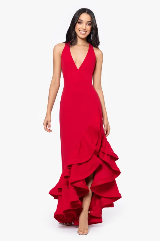 "Mae" V Neck Ruffle Tier Scuba Crepe Dress sold by Betsy & Adam