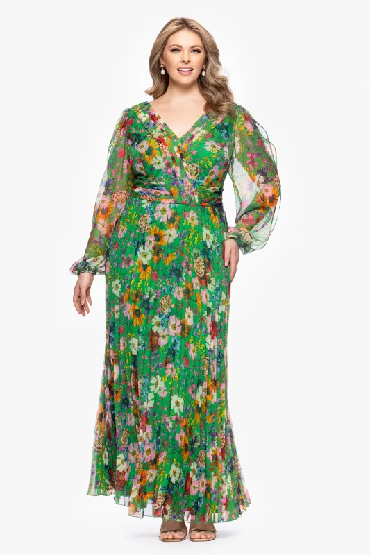 Plus "Katarina" Chiffon Print Long Sleeve Floor Length Dress sold by Betsy & Adam