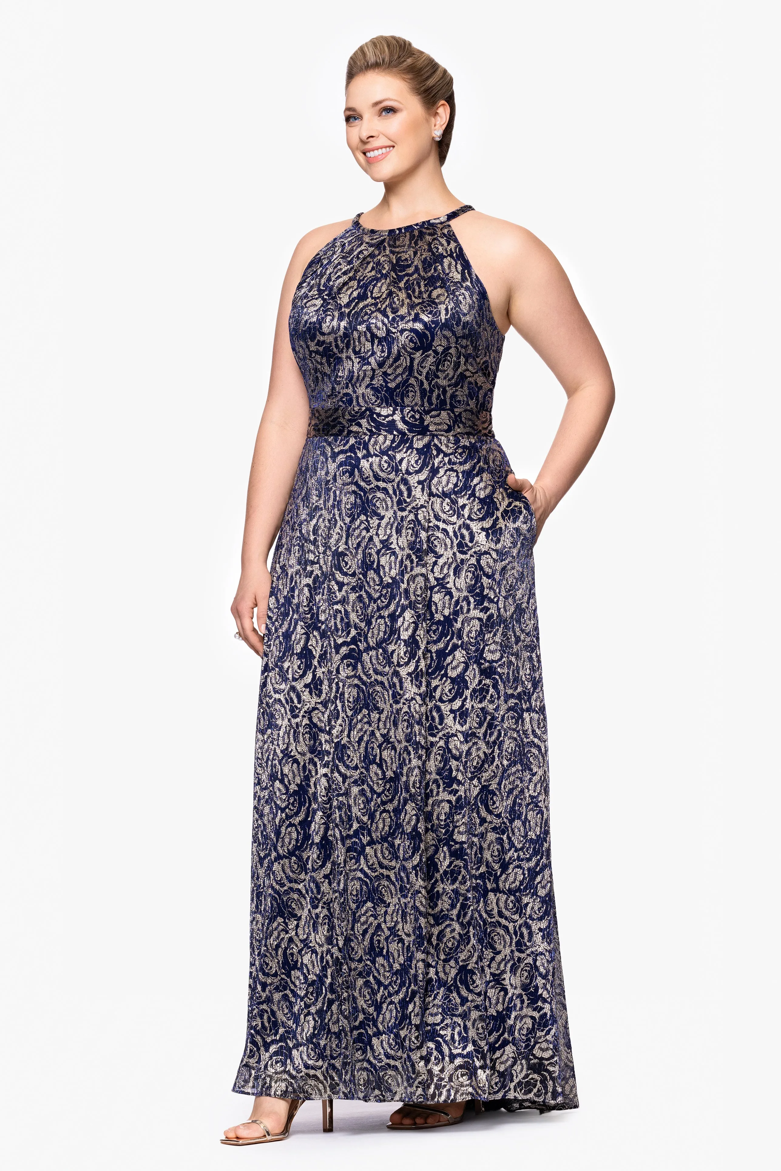 Plus "Shelley" Metallic Foil Halter Neck Floor Length Dress sold by Betsy & Adam product image thumbnail 4