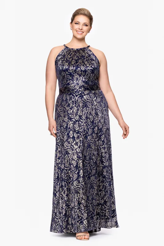 Plus "Shelley" Metallic Foil Halter Neck Floor Length Dress sold by Betsy & Adam