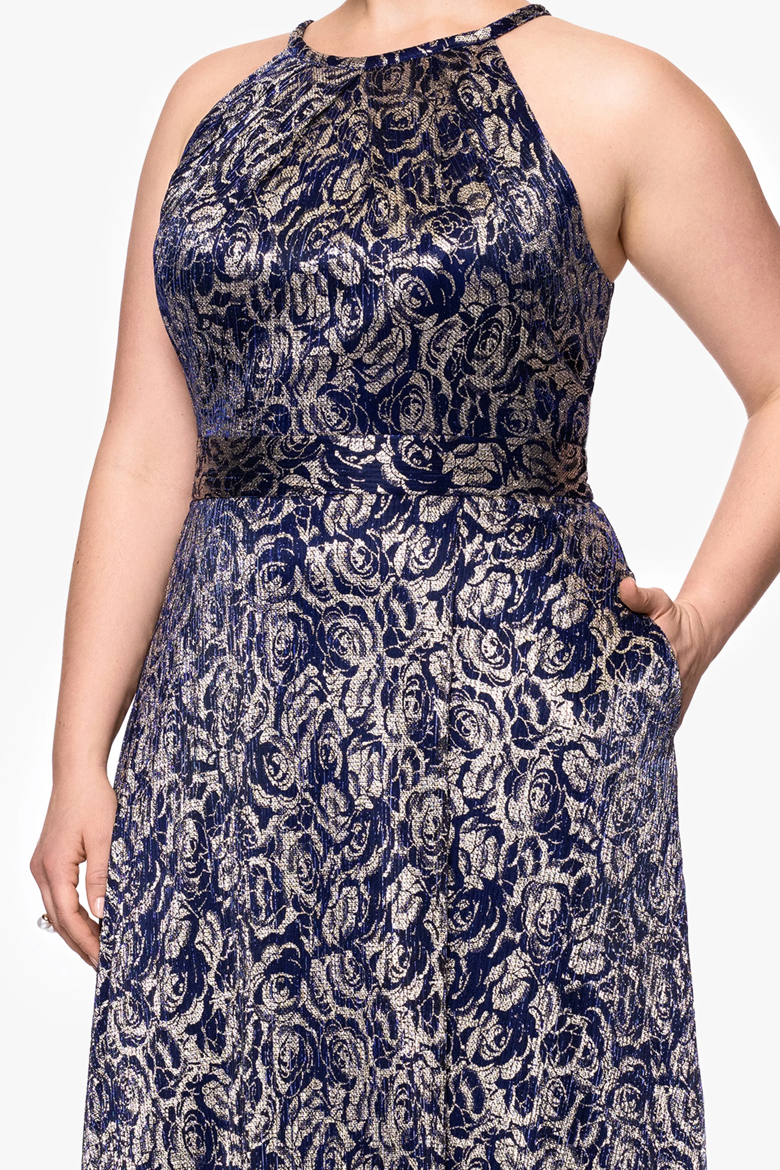Plus "Shelley" Metallic Foil Halter Neck Floor Length Dress sold by Betsy & Adam product image thumbnail 2