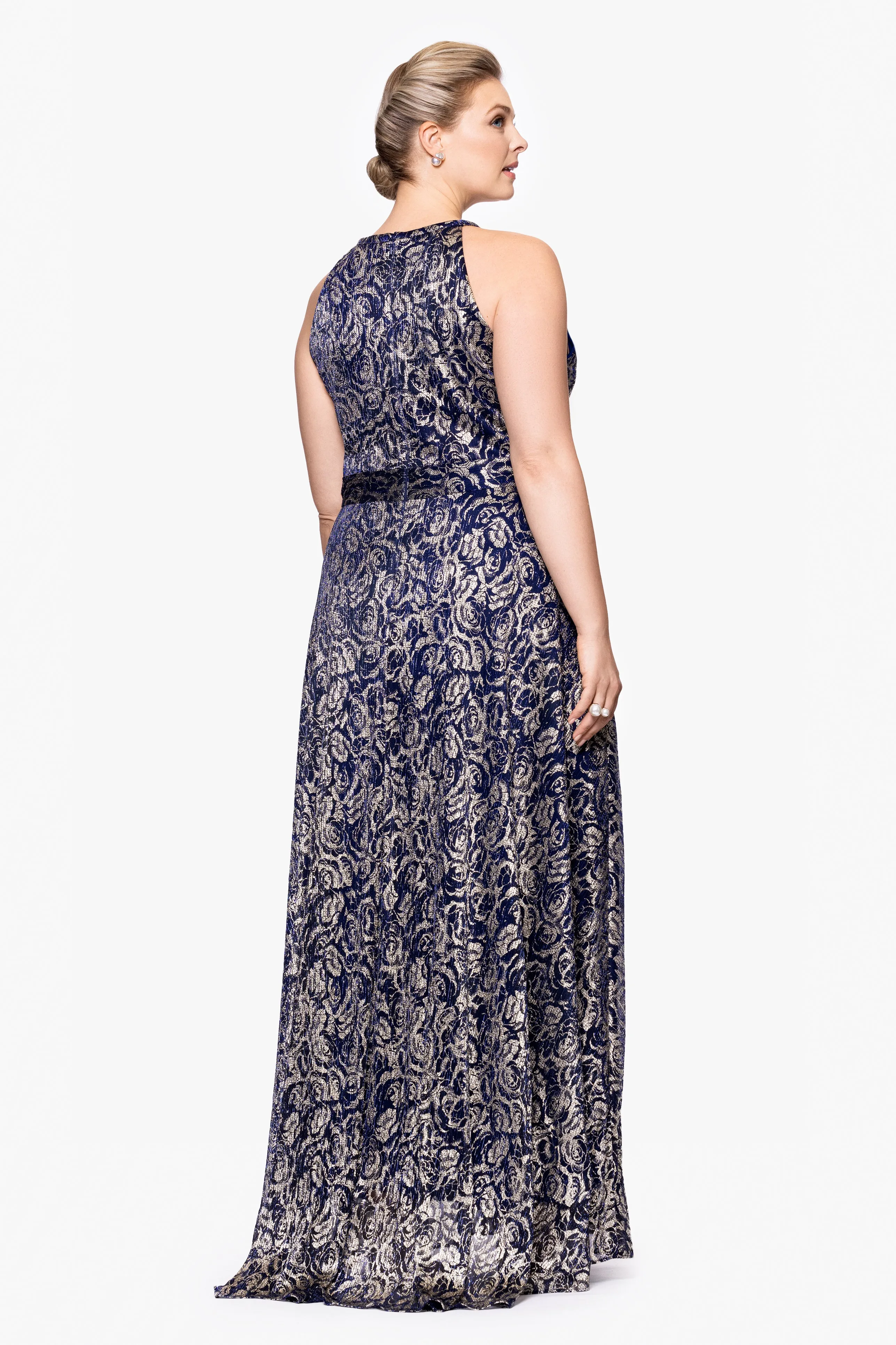 Plus "Shelley" Metallic Foil Halter Neck Floor Length Dress sold by Betsy & Adam product image thumbnail 3