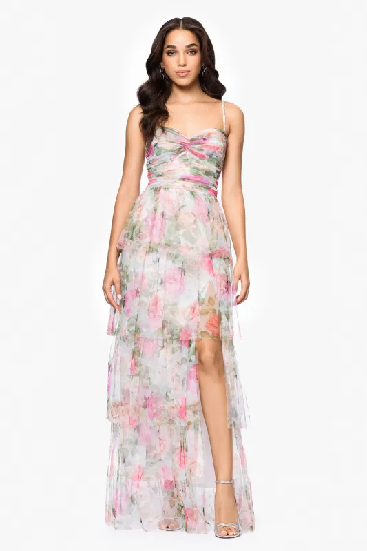 Blondie Nites "Millie" Print Mesh Tiered Ruffle Floor Length Dress sold by Betsy & Adam