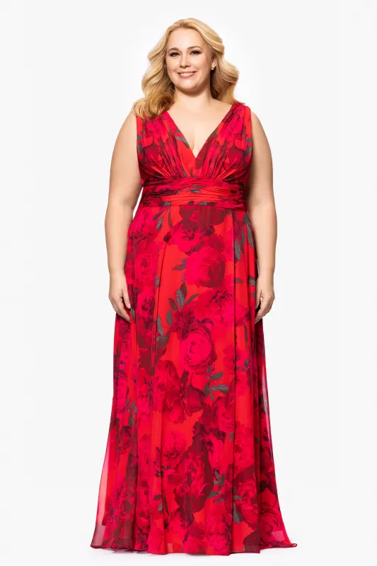 Plus "Jody" Print Chiffon V-Neck Floor Length Dress sold by Betsy & Adam