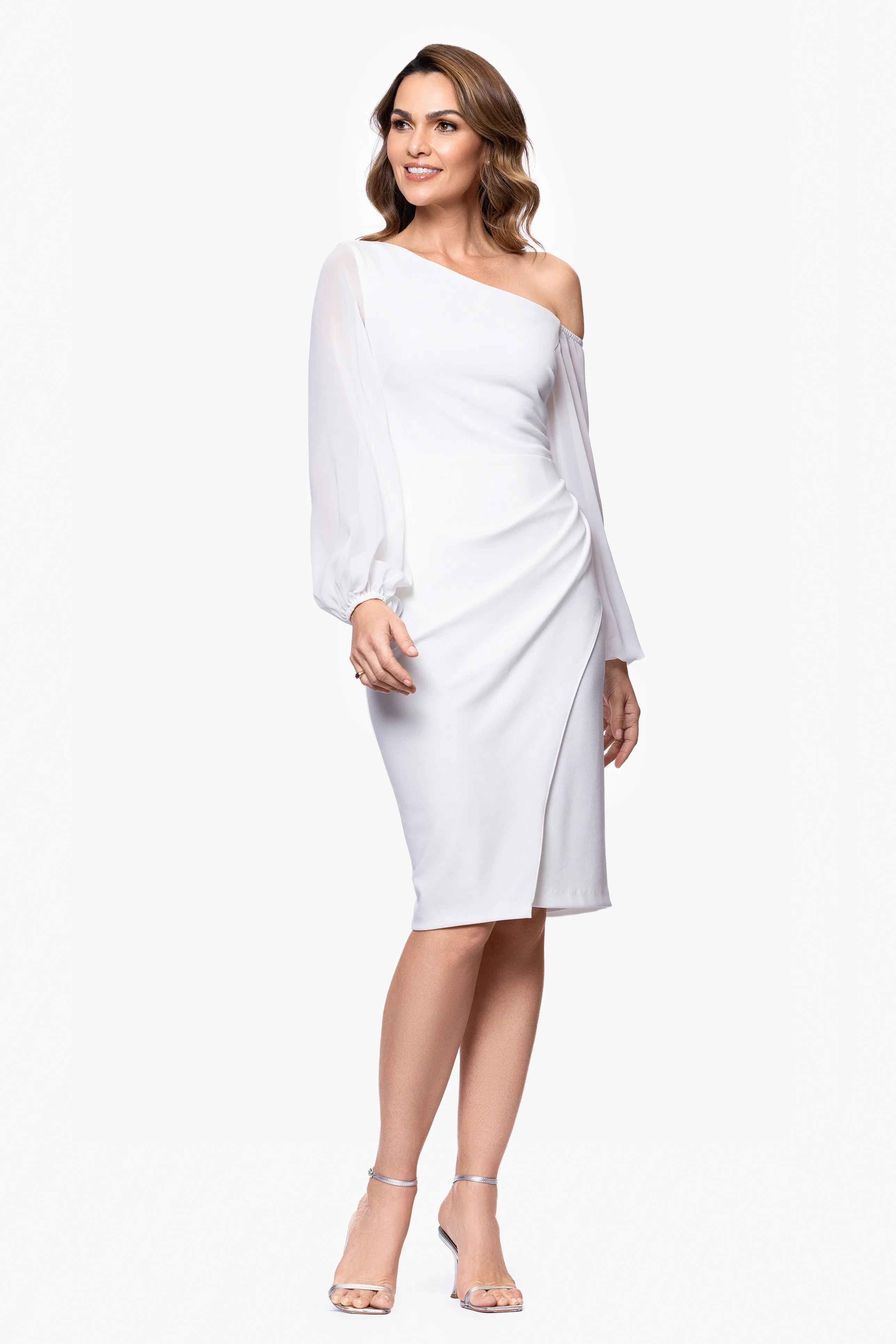 "Alara" Knee Length Off the Shoulder Mesh Long Sleeve Scuba Crepe Dress sold by Betsy & Adam product image thumbnail 4
