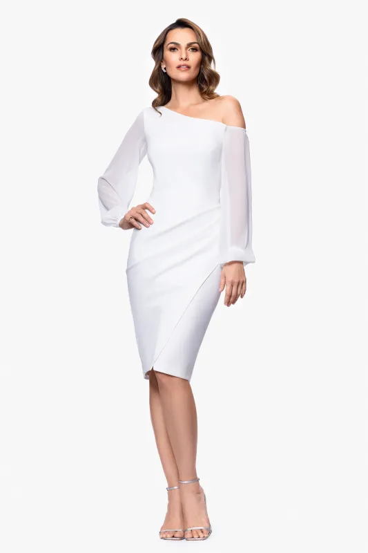 "Alara" Knee Length Off the Shoulder Mesh Long Sleeve Scuba Crepe Dress sold by Betsy & Adam