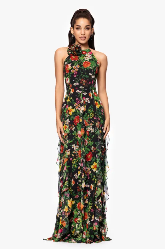 "Kathy" Print Chiffon Halter Neck Ruffle Floor Length sold by Betsy & Adam