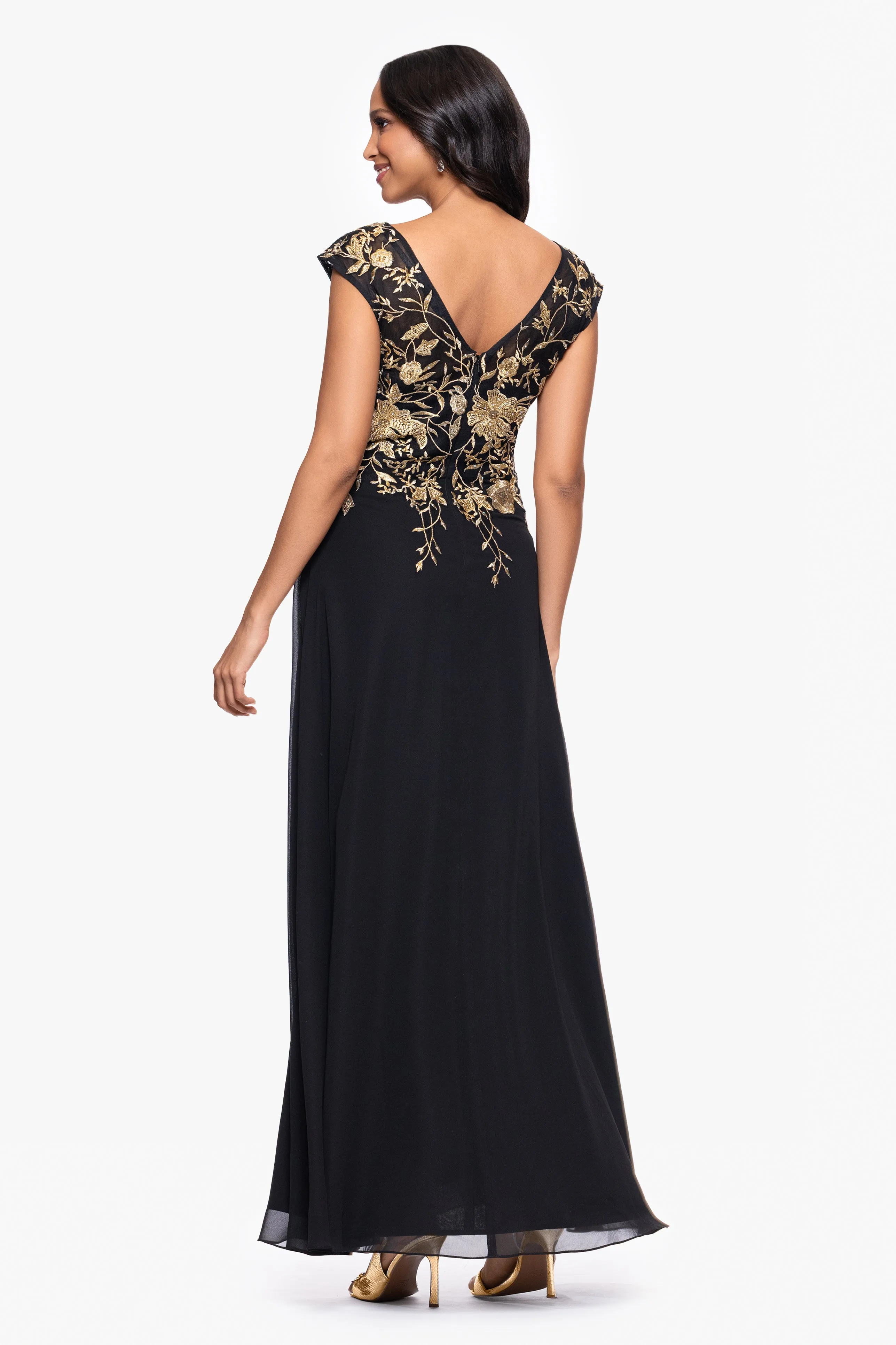 "Maeve" Chiffon Embroidered Bodice Floor Length Dress sold by Betsy & Adam product image thumbnail 3