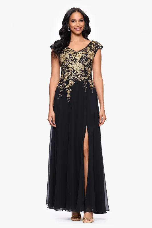 "Maeve" Chiffon Embroidered Bodice Floor Length Dress sold by Betsy & Adam