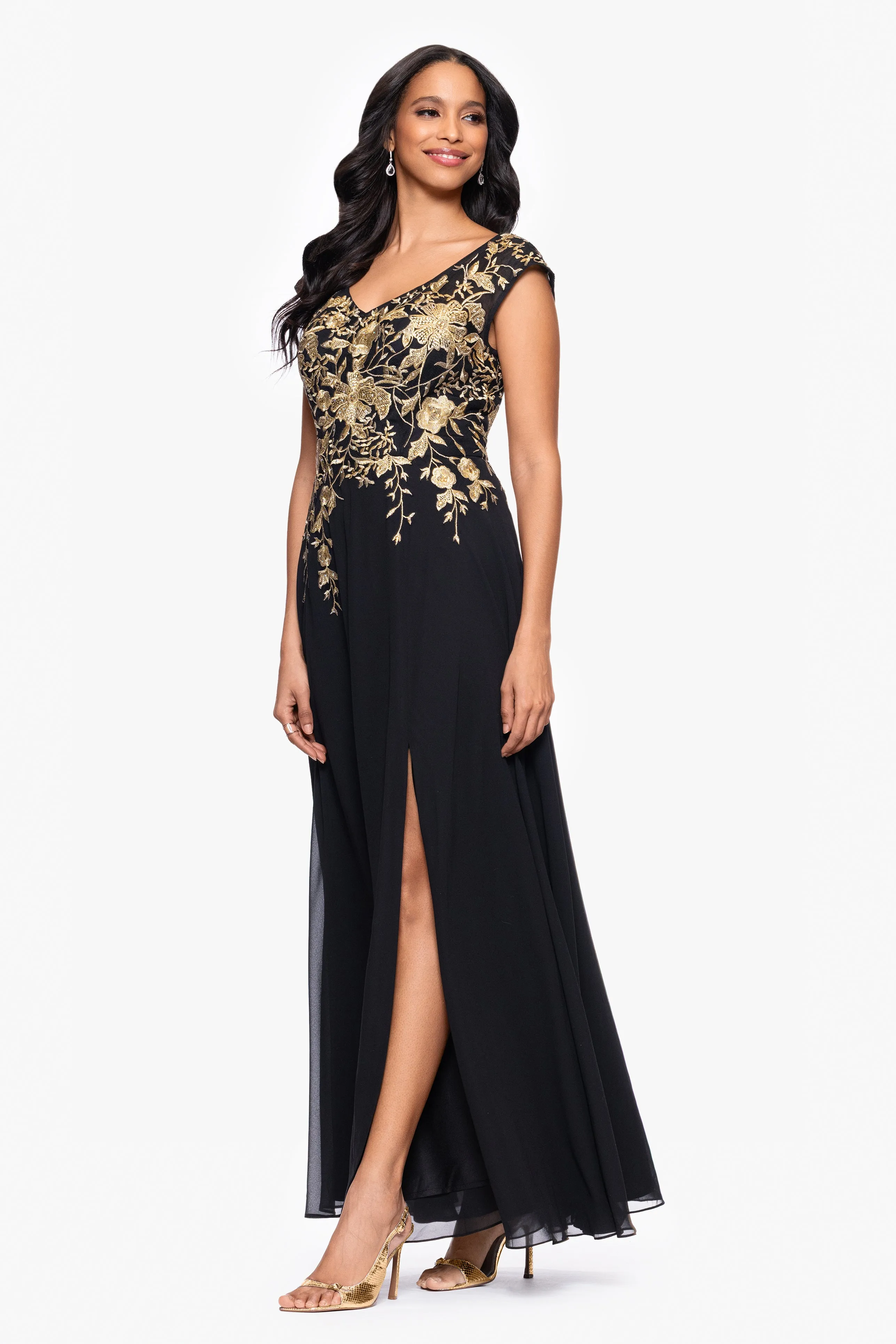 "Maeve" Chiffon Embroidered Bodice Floor Length Dress sold by Betsy & Adam product image thumbnail 4