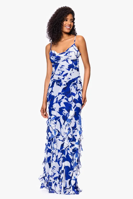 "Georgina" Print Chiffon Ruffle Floor Length Dress sold by Betsy & Adam