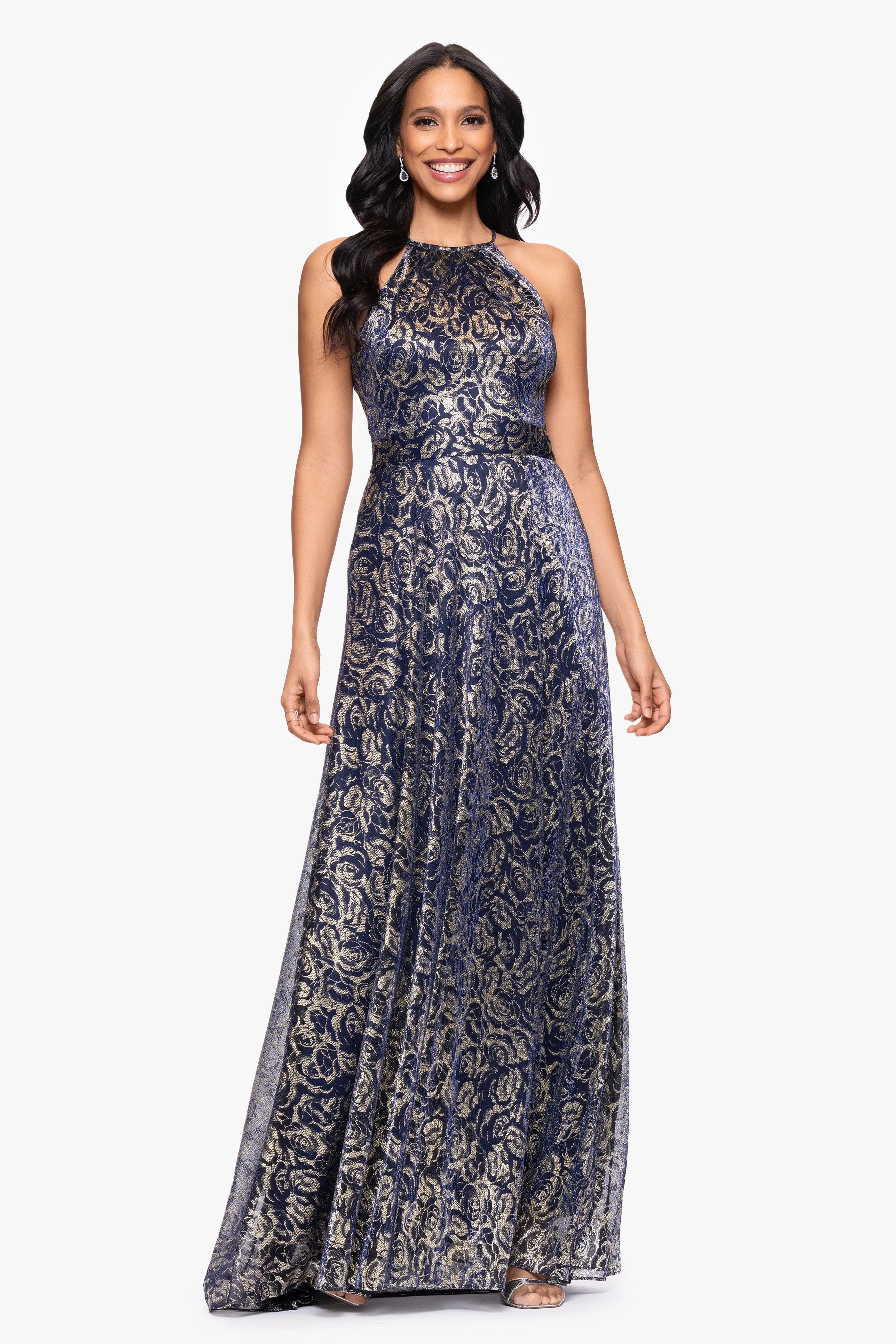 Petite "Shelley" Metallic Foil Halter Neck Floor Length Dress sold by Betsy & Adam