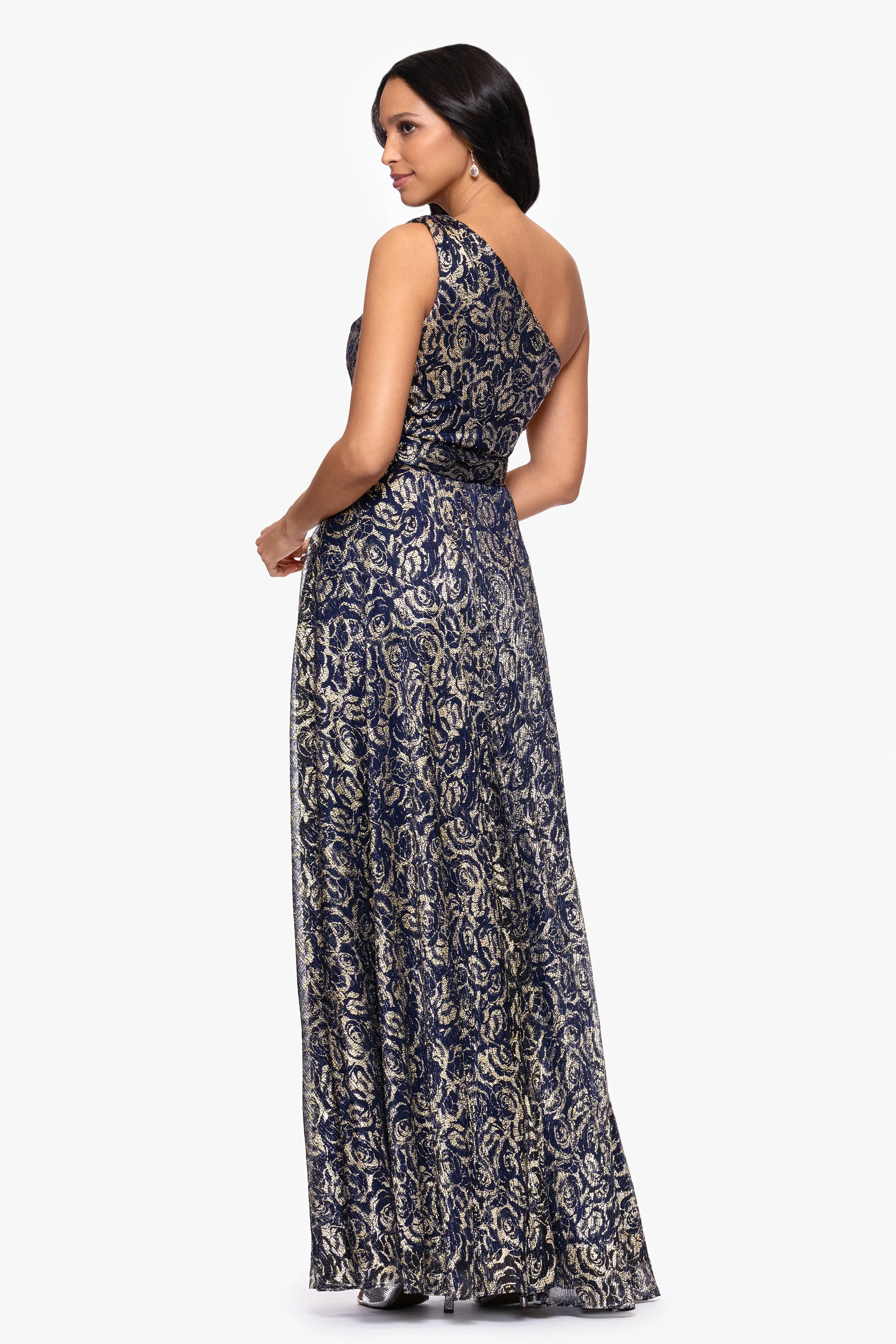 "Summer" Metallic Foil One Shoulder Floor Length Dress sold by Betsy & Adam product image thumbnail 3