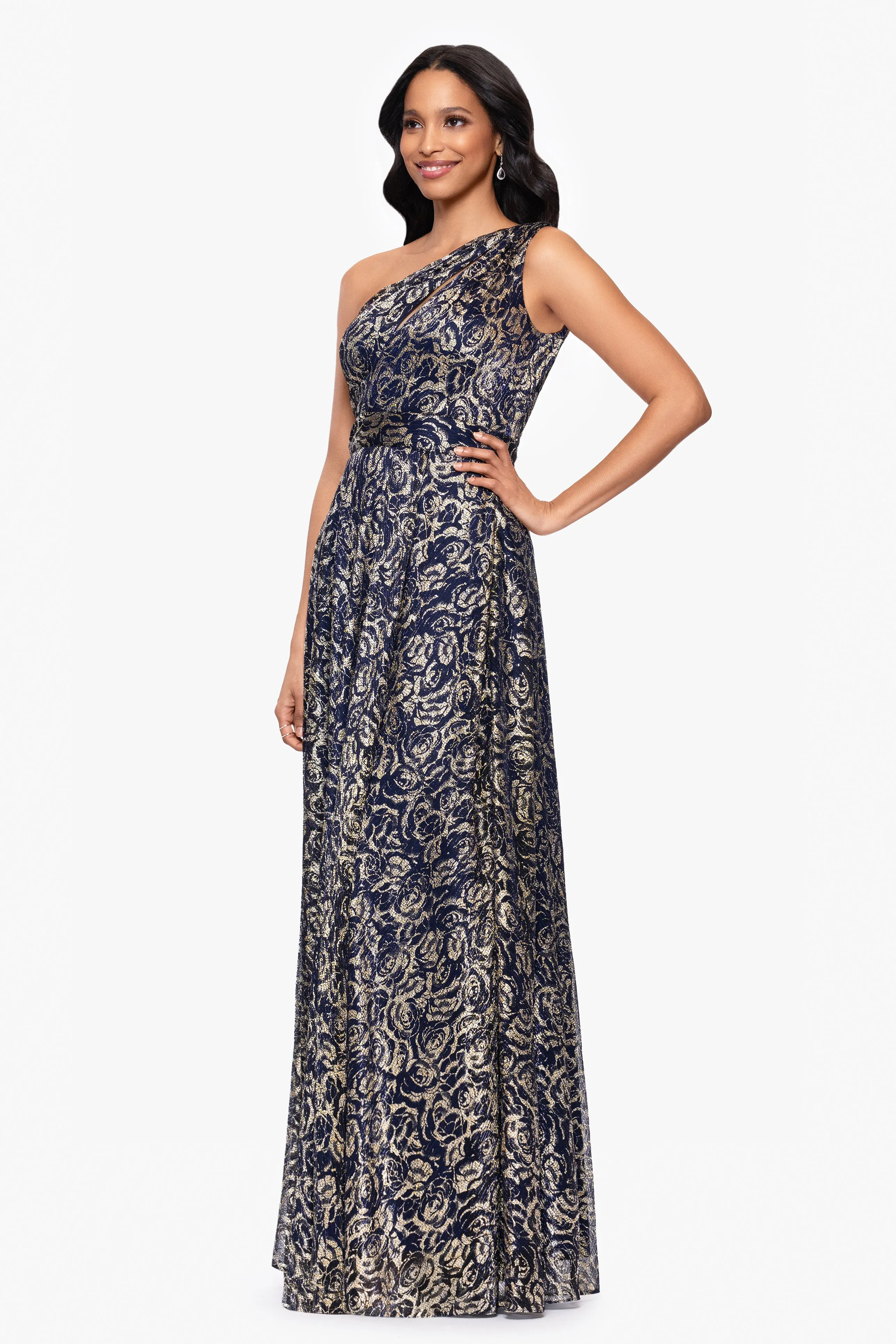 "Summer" Metallic Foil One Shoulder Floor Length Dress sold by Betsy & Adam product image thumbnail 4