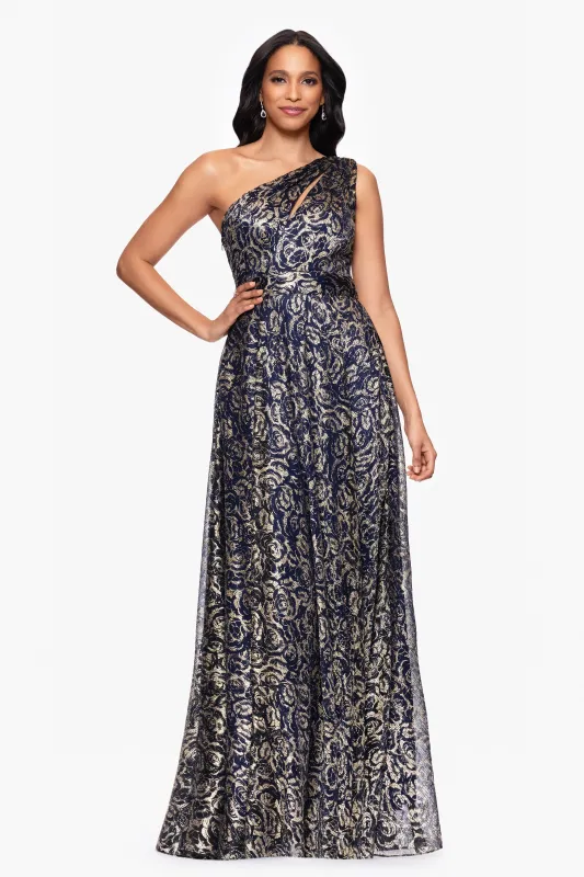 "Summer" Metallic Foil One Shoulder Floor Length Dress sold by Betsy & Adam