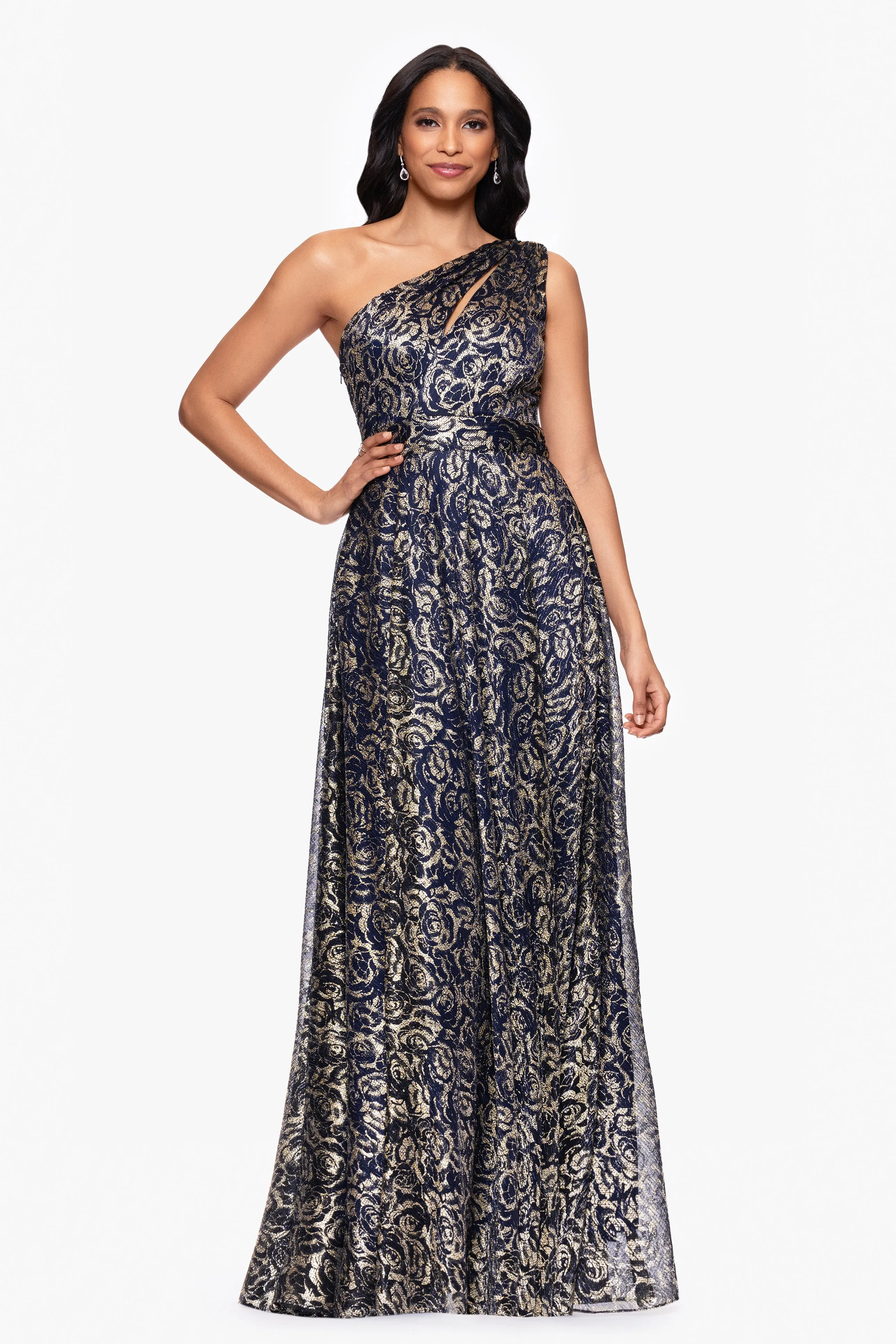 "Summer" Metallic Foil One Shoulder Floor Length Dress sold by Betsy & Adam