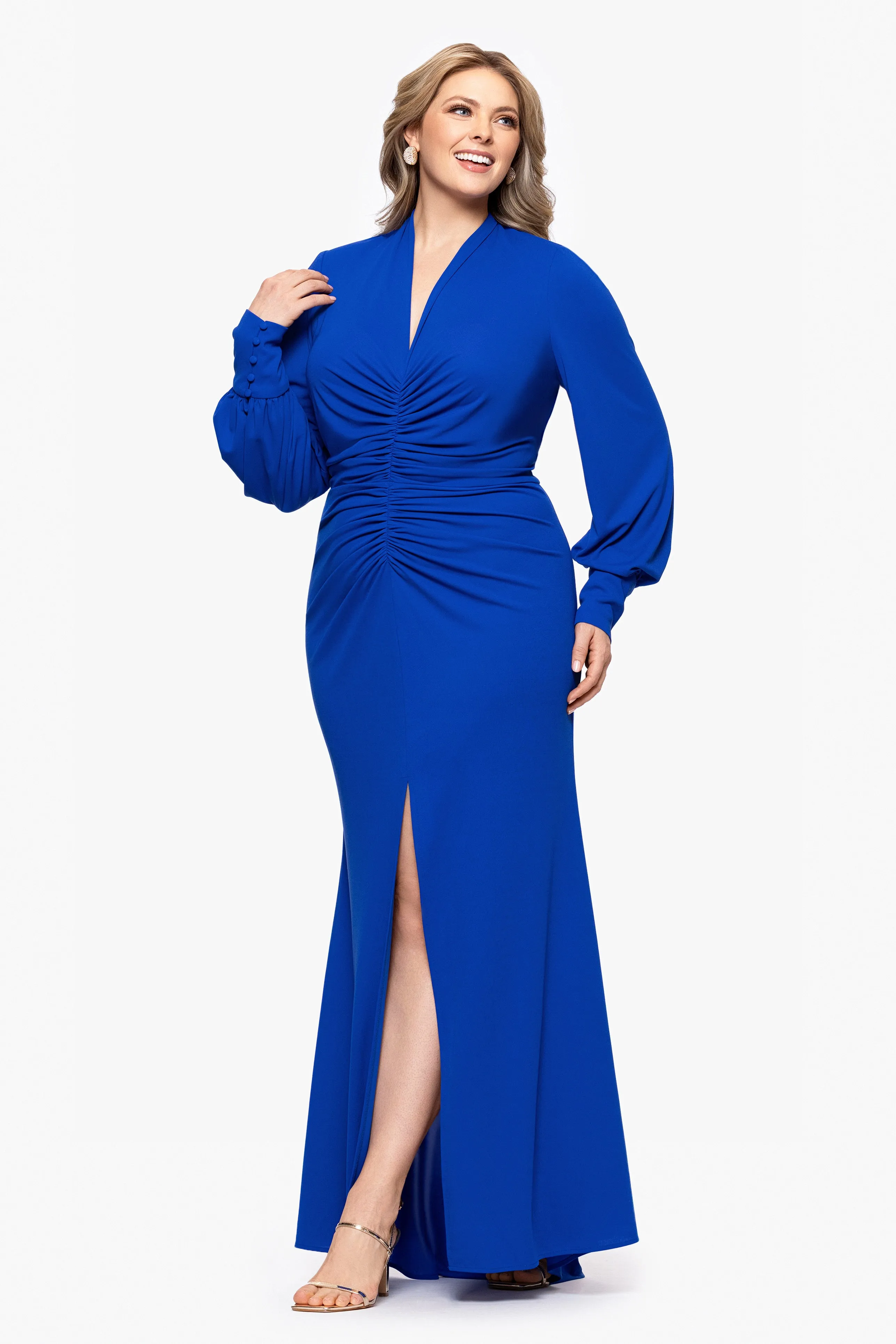Plus "Julia" Matte Jersey Rouched Long Sleeve Floor Length Dress sold by Betsy & Adam product image thumbnail 4