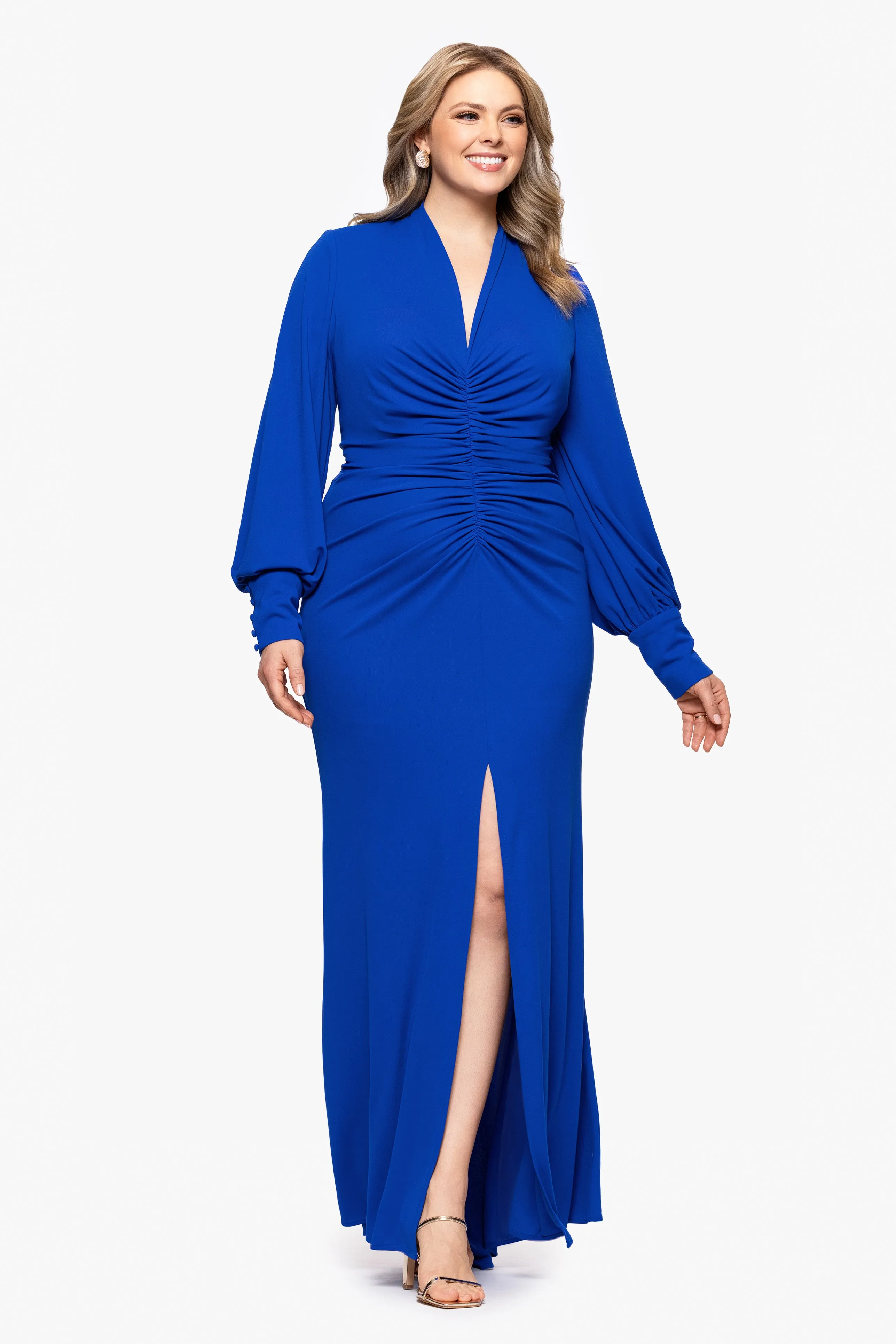 Plus "Julia" Matte Jersey Rouched Long Sleeve Floor Length Dress sold by Betsy & Adam