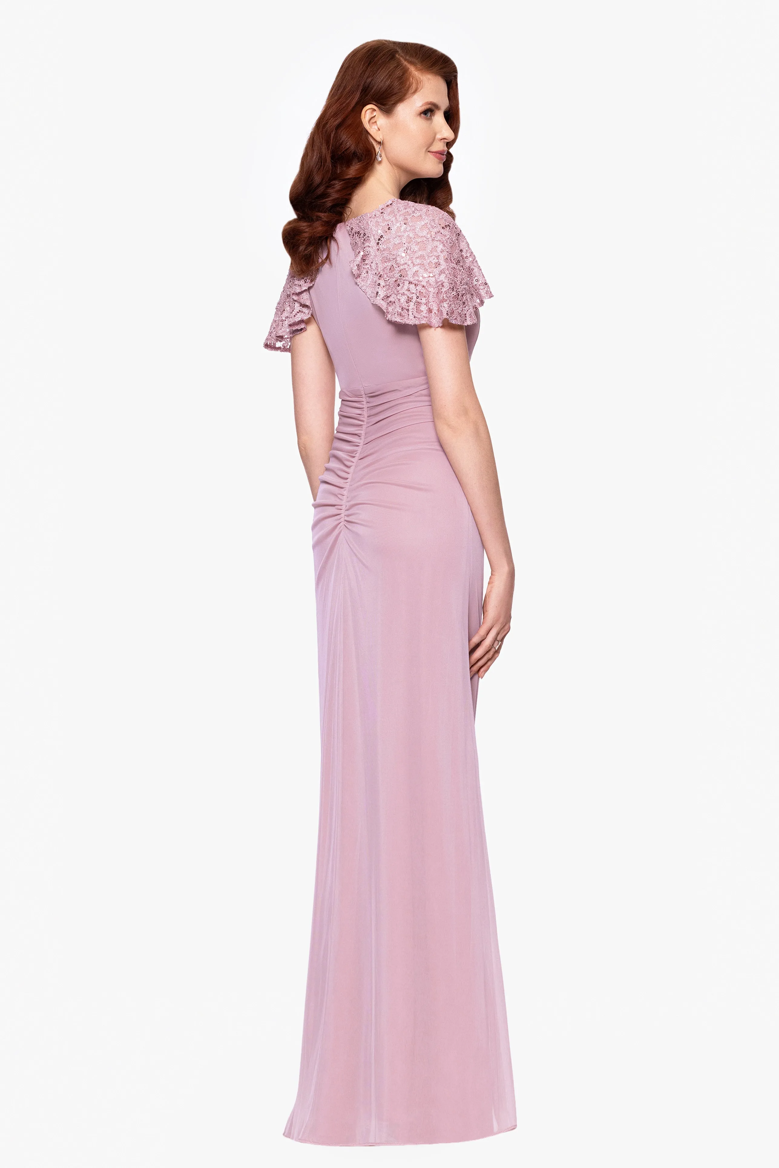"Alexia" Sheer Matte Jersey With Lace Sleeves Floor Length Dress sold by Betsy & Adam product image thumbnail 3