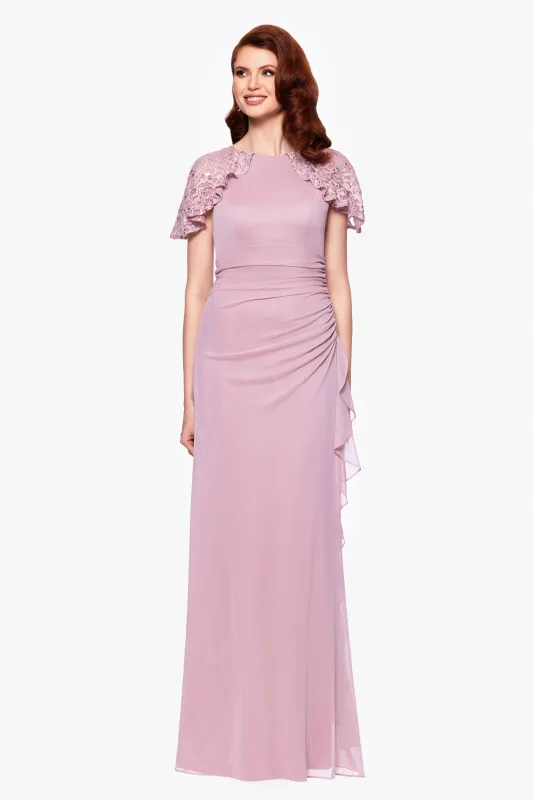 "Alexia" Sheer Matte Jersey With Lace Sleeves Floor Length Dress sold by Betsy & Adam